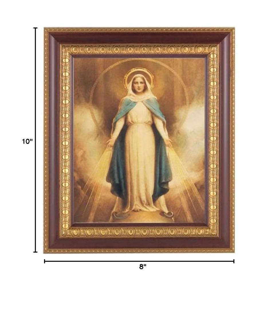 Miraculous Medal Framed Wall Art - Large Dark Cherry Wood with Gold Egg & Dart Detailing - Perfect for Home, Church & Office Decor
