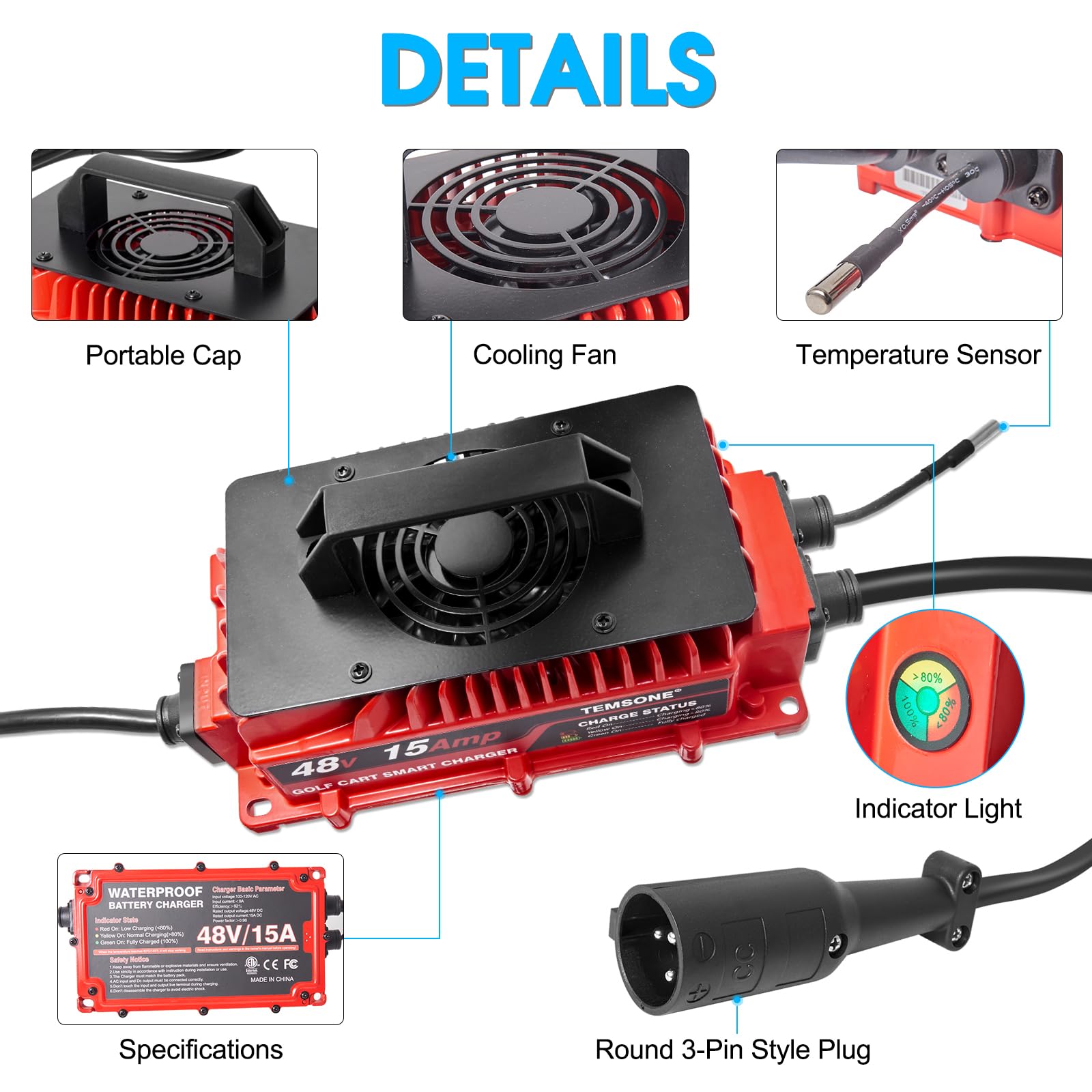 48V 15A Golf Cart Battery Charger for Club Car DS & Precedent - Fast Charging Lead-Acid Battery Charger for Golf Carts, Electric Vehicles & Utility Carts - Perfect for Home, Golf Course & RV Use