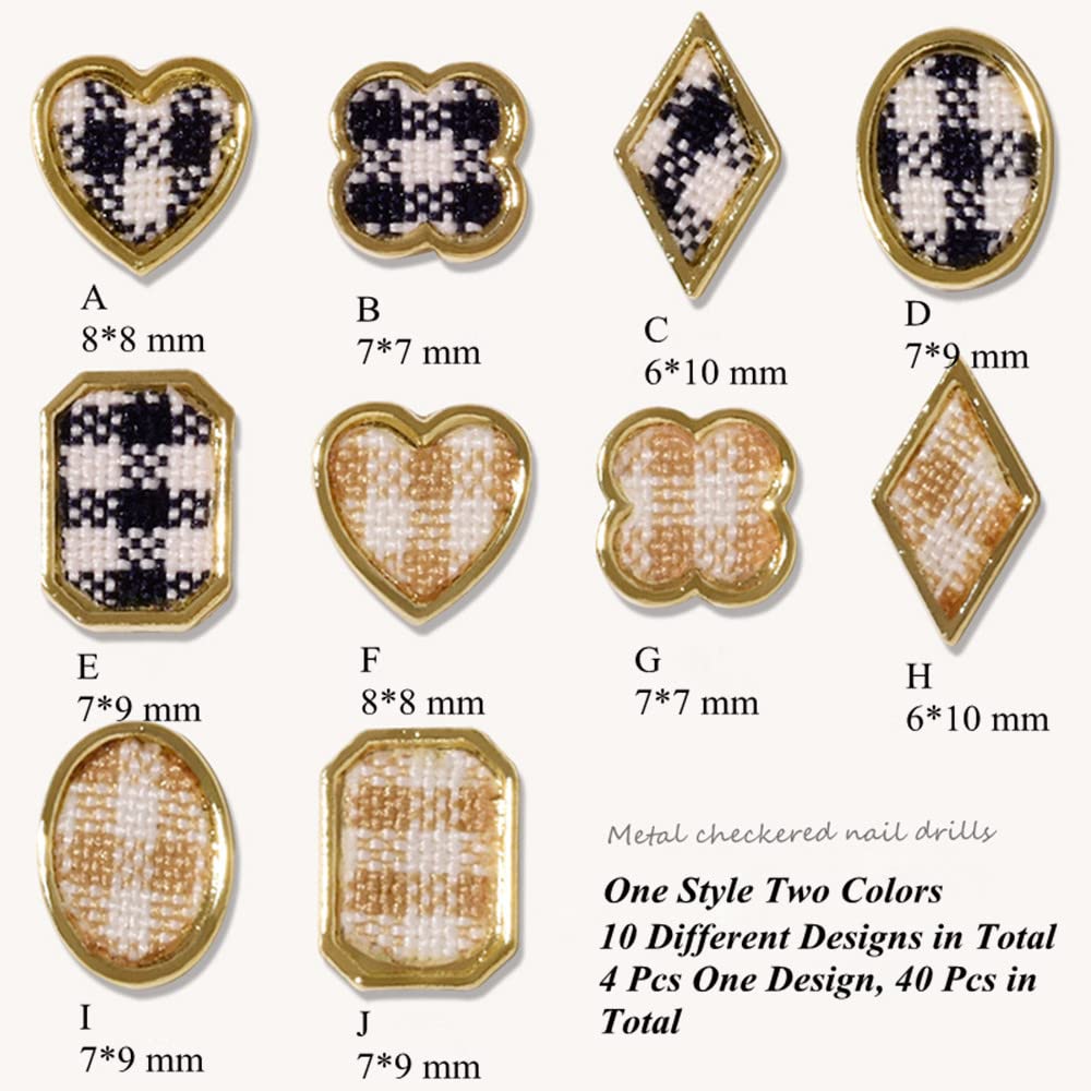 40 Pcs 3D Gold Metal Nail Charms - Nail Art Decorations for Acrylic Nails, Woolen Checkered Design Nail Jewelry - Perfect for DIY Manicures, Nail Salons & Party Nail Art (Gold)
