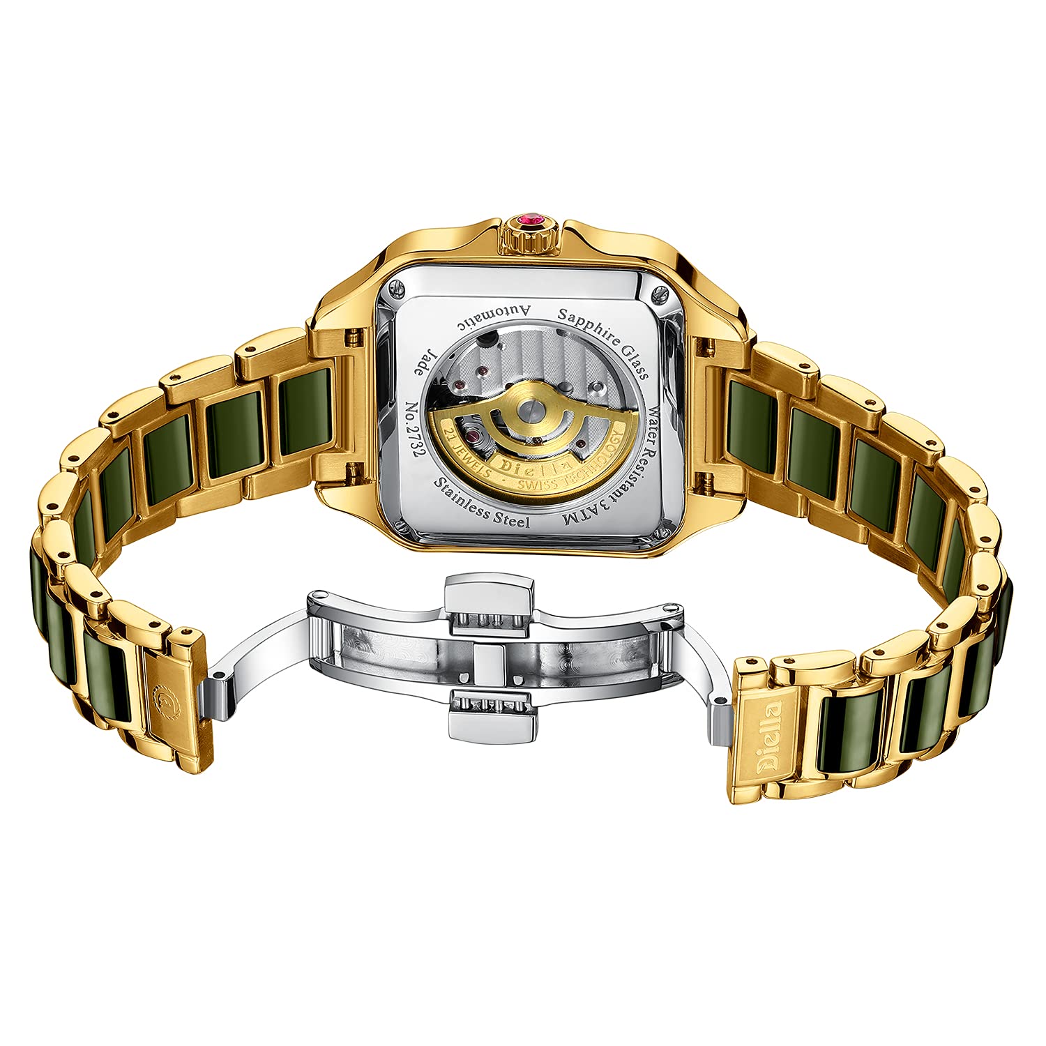 Diella Rectangle Automatic Wrist Watch for Men & Women - Luxury Jade Dial, Stainless Steel Band, Water Resistant | Perfect for Business, Formal Events & Everyday Wear