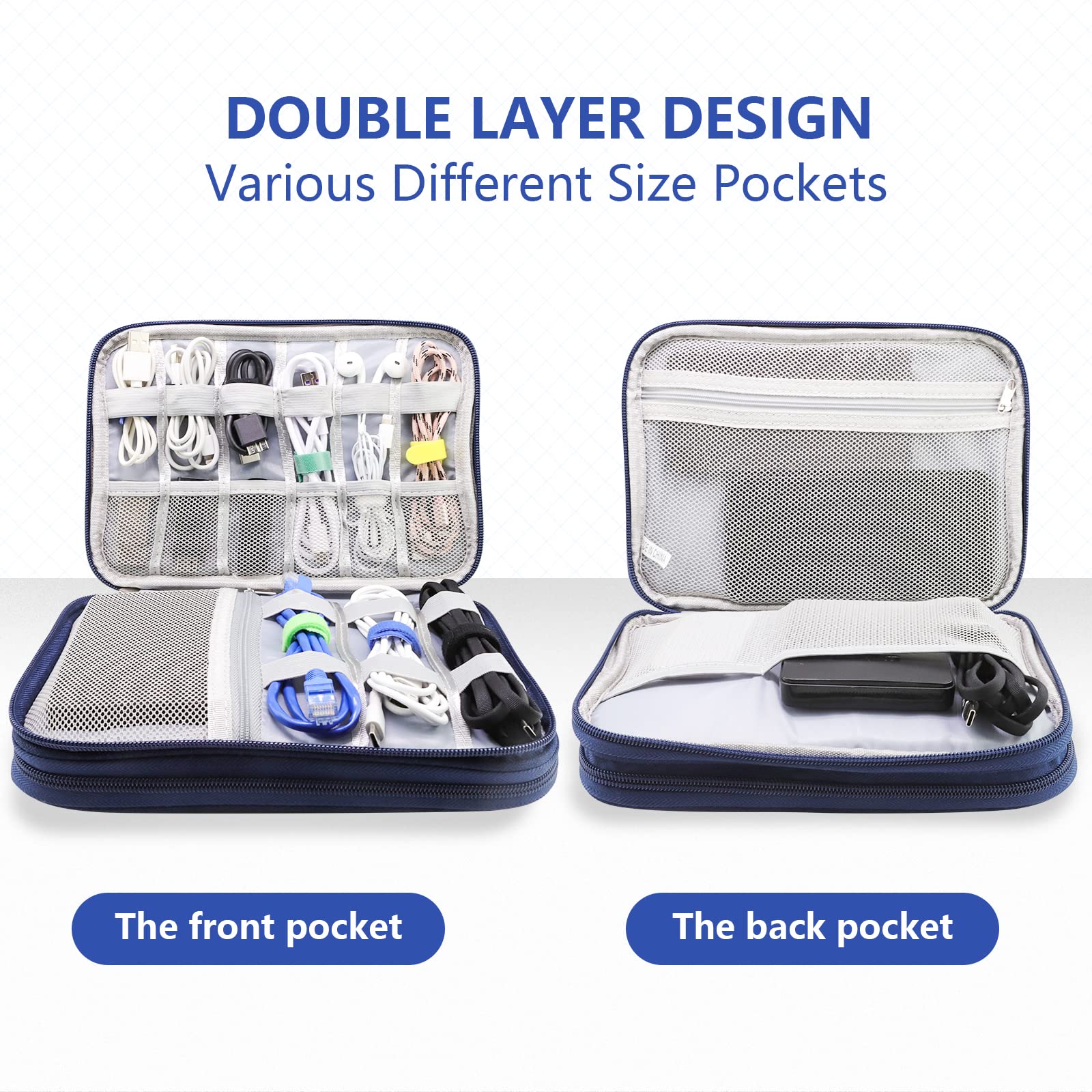 Teskyer Waterproof Cable Organizer Bag - Portable Travel Storage for Cables, Chargers, Earphones - Navy Blue (9.6x6.9