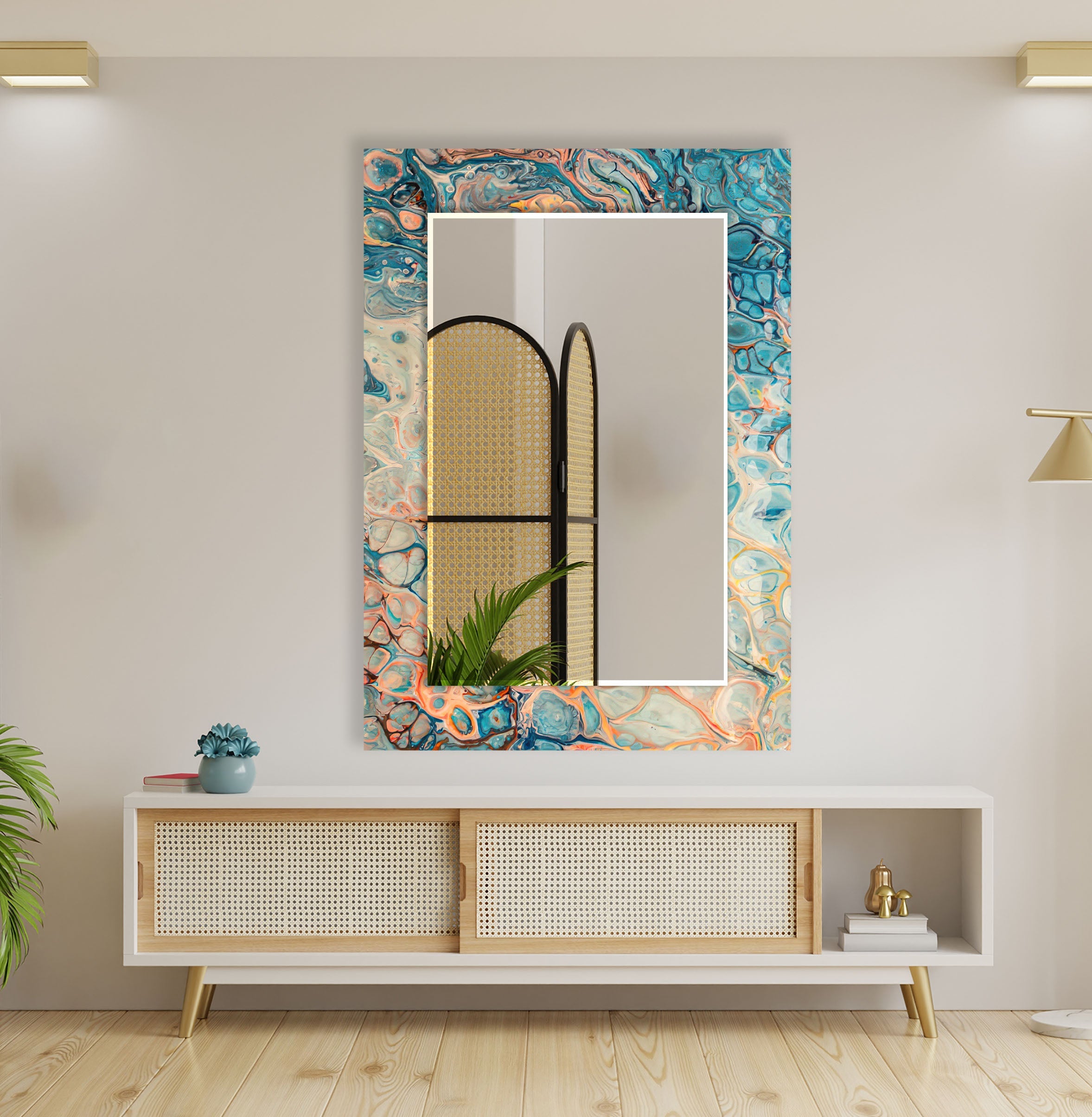 Blue & Beige Abstract Wall Mirror - Modern Decorative Round Mirror for Living Room, Bedroom, Entryway - Boho Home Decor Accent Piece for Wall Hanging