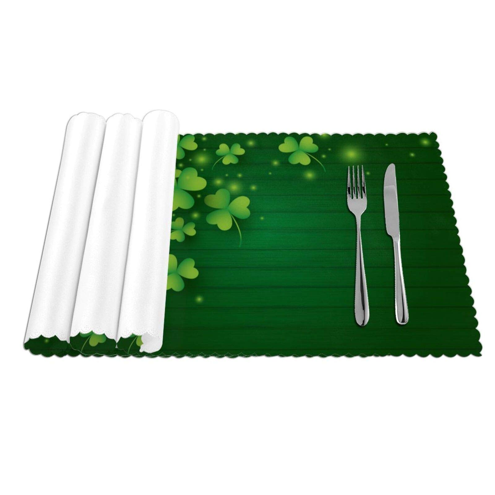 St. Patrick's Day Sparkle Clover Wooden Placemats Set of 4 - Non-Slip, Heat-Resistant, Washable Table Mats for Kitchen & Dining Room Decor (12x18 Inch) - Perfect for Irish-Themed Parties, Holiday Dinners & Home Decor