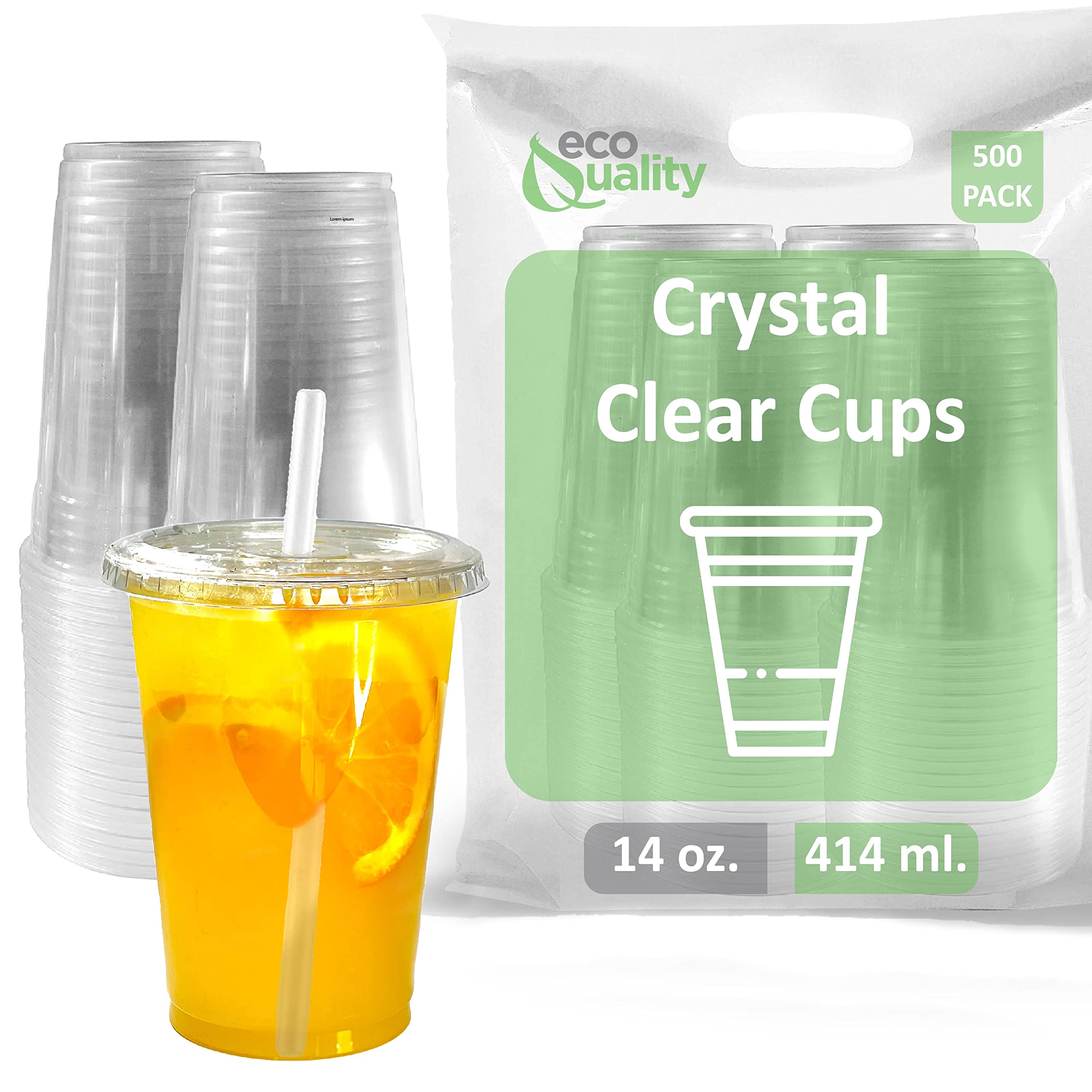 EcoQuality 14 oz Clear Plastic Disposable Cups with Lids & Straws - 500 Count PET Drinkware for Smoothies, Protein Shakes, Bubble Tea, Iced Coffee | Perfect for Parties, Cafes, Meal Prep & Takeout