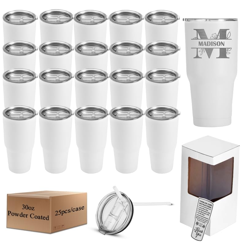 Makerflo 30 oz White Powder Coated Tumbler - 25 Pack with Lid & Straw | Laser Engravable, UV DTF, Epoxy & Vinyl Ready | Perfect for DIY Gifts, Customization & Personal Projects | Great for Office, Party Favors & Promotional Events