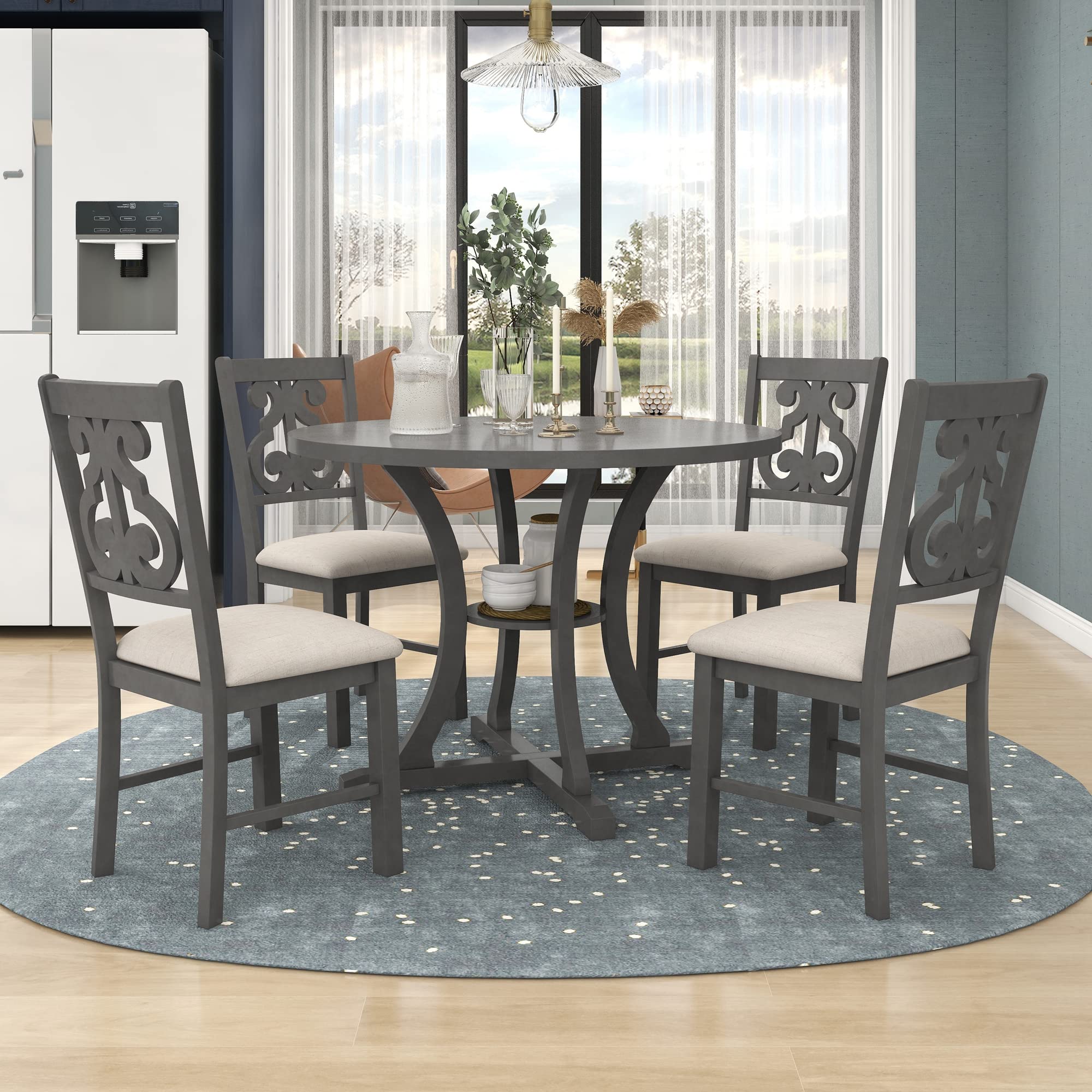 **SugarTIme 5-Piece Round Dining Table Set with Unique-Shaped Legs & Elegant Hollow Chair Back – Perfect for Small Spaces, Breakfast Nooks & Cozy Dining Rooms (Gray, DTS 2.0)**