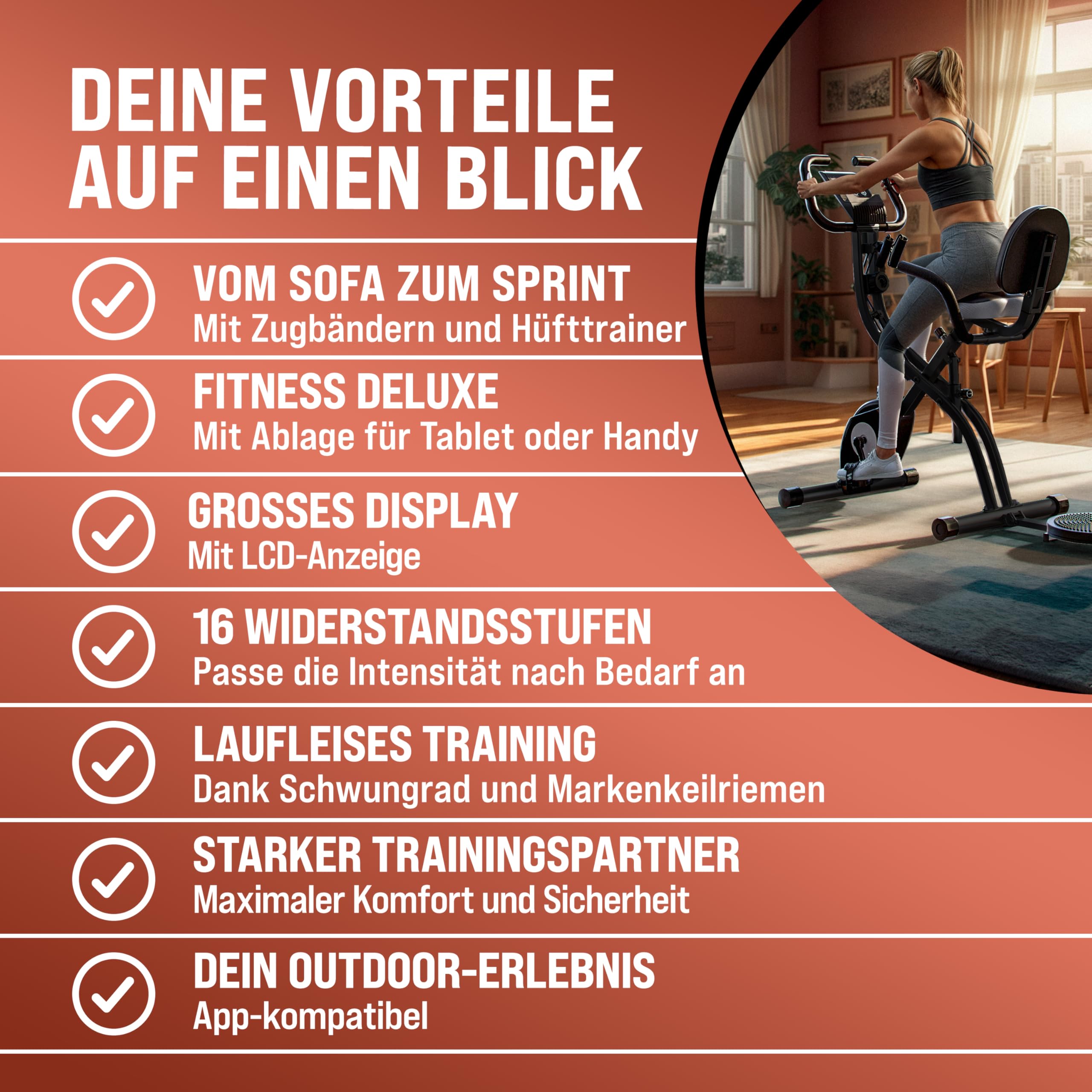 SPORTANA® Foldable Exercise Bike for Home Gym - 140KG Weight Capacity, 7 Seat Heights, LCD Display, Training APP, 2 Resistance Bands - 4-in-1 Cardio Machine for Indoor Cycling & Full-Body Workout (Ideal for Small Spaces, Home Fitness & Apartment Workouts)