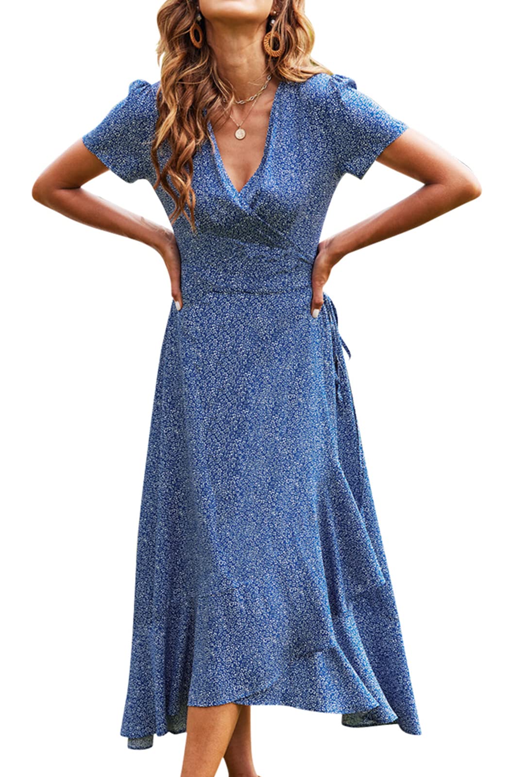 Hount Women's Summer Casual V-Neck Bohemian Dress - Short Sleeve Flowy Beach Maxi Dress for Vacation, Party & Outdoor Date Night