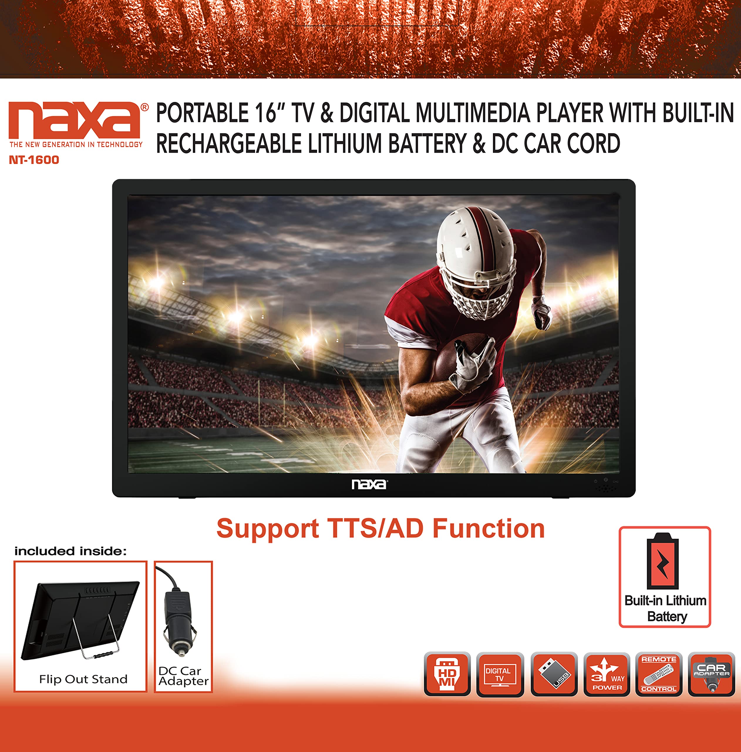 Naxa Electronics NT-1600 16-inch Portable Digital TV with Built-in ATSC Tuner - HD Over-The-Air TV, USB Multimedia Player, Rechargeable Battery, AC/DC Power - Perfect for Road Trips, Camping & Emergency Use