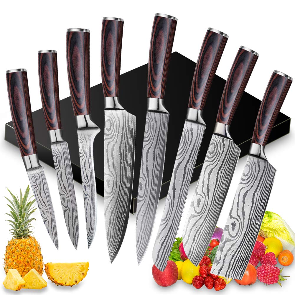 8-Piece High Carbon Stainless Steel Chef Knife Set with Pakkawood Handle - Ultra Sharp Kitchen Knives in Gift Box | Perfect for Home Chefs, Cooking Enthusiasts & Cool Gifts for Food Lovers | Ideal for Slicing, Dicing, Chopping Vegetables & Meat Preparation