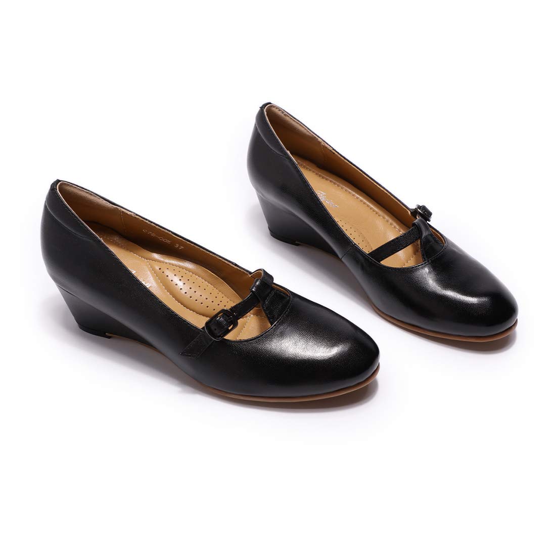 Mona Flying Women's Leather Mary Jane Wedge Pumps - Closed Toe Round Toe Mid Heel Dress Shoes for Ladies | Comfortable & Stylish for Office, Party & Wedding Events