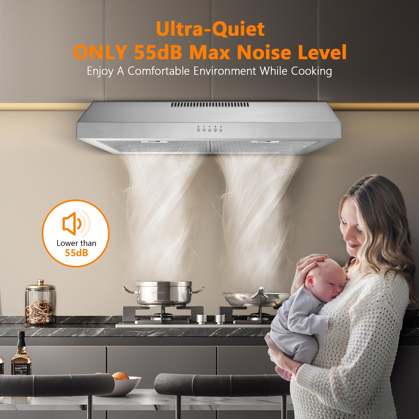 30 Inch 600 CFM Under Cabinet Range Hood - Stainless Steel Kitchen Vent Hood with 3 Speed Exhaust Fan & LED Lights | Strong Suction for Duct/Ductless Convertible | Perfect for Small Kitchens, Apartments & Remodeling Projects