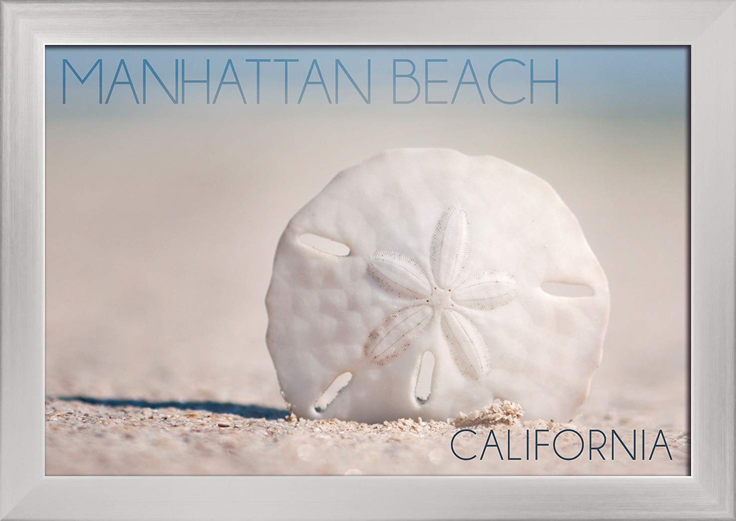 12x18 Giclee Fine Art Print - Sand Dollar & Beach Scene in Manhattan Beach California - Recycled Wood Frame with Silver Finish - Perfect for Coastal Home Decor & Beach House Wall Art