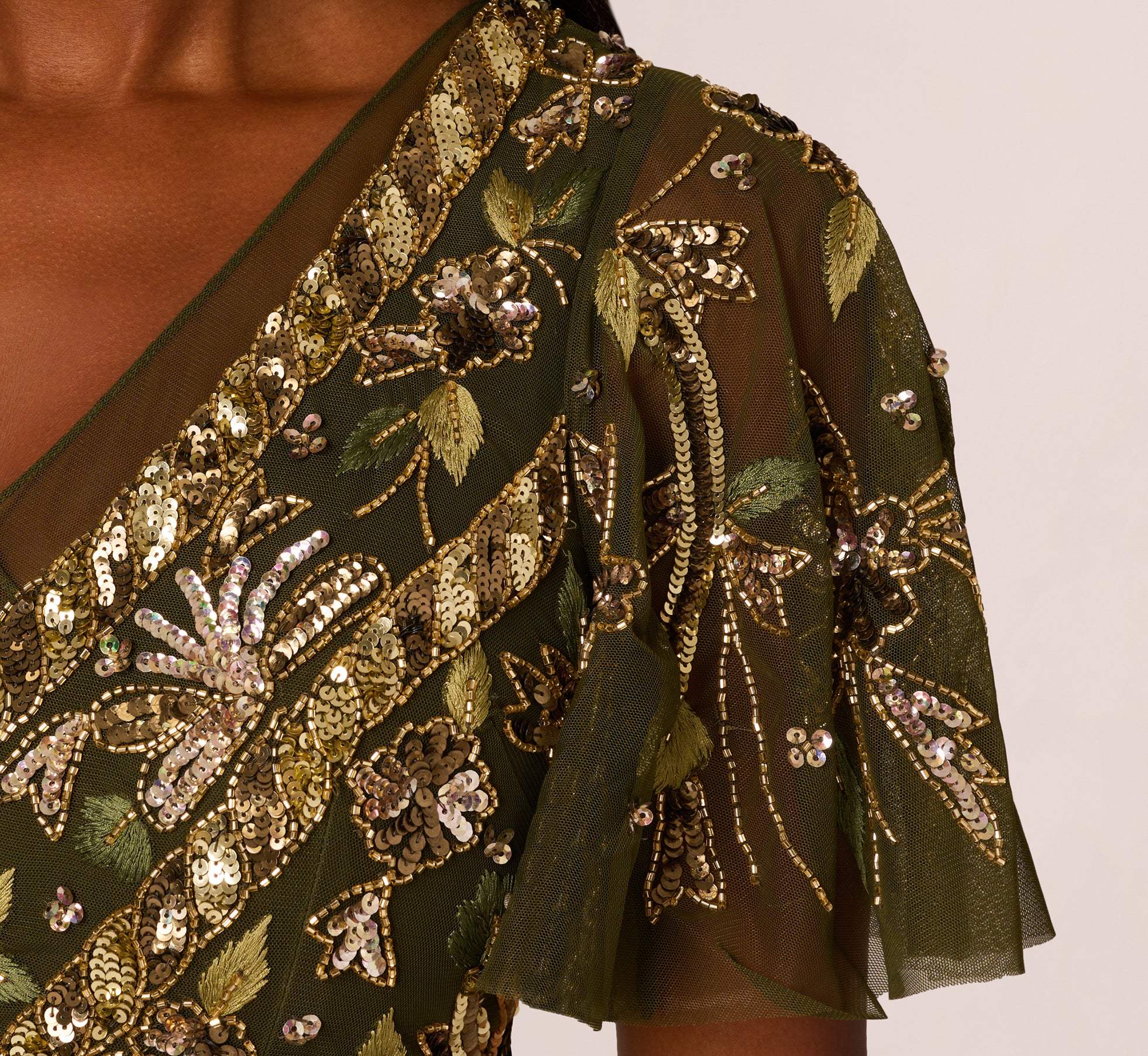 Sequin Beaded Ankle Length Dress With Flutter Sleeves in Olive Green - Perfect for Evening Parties, Cocktail Events & Special Occasions