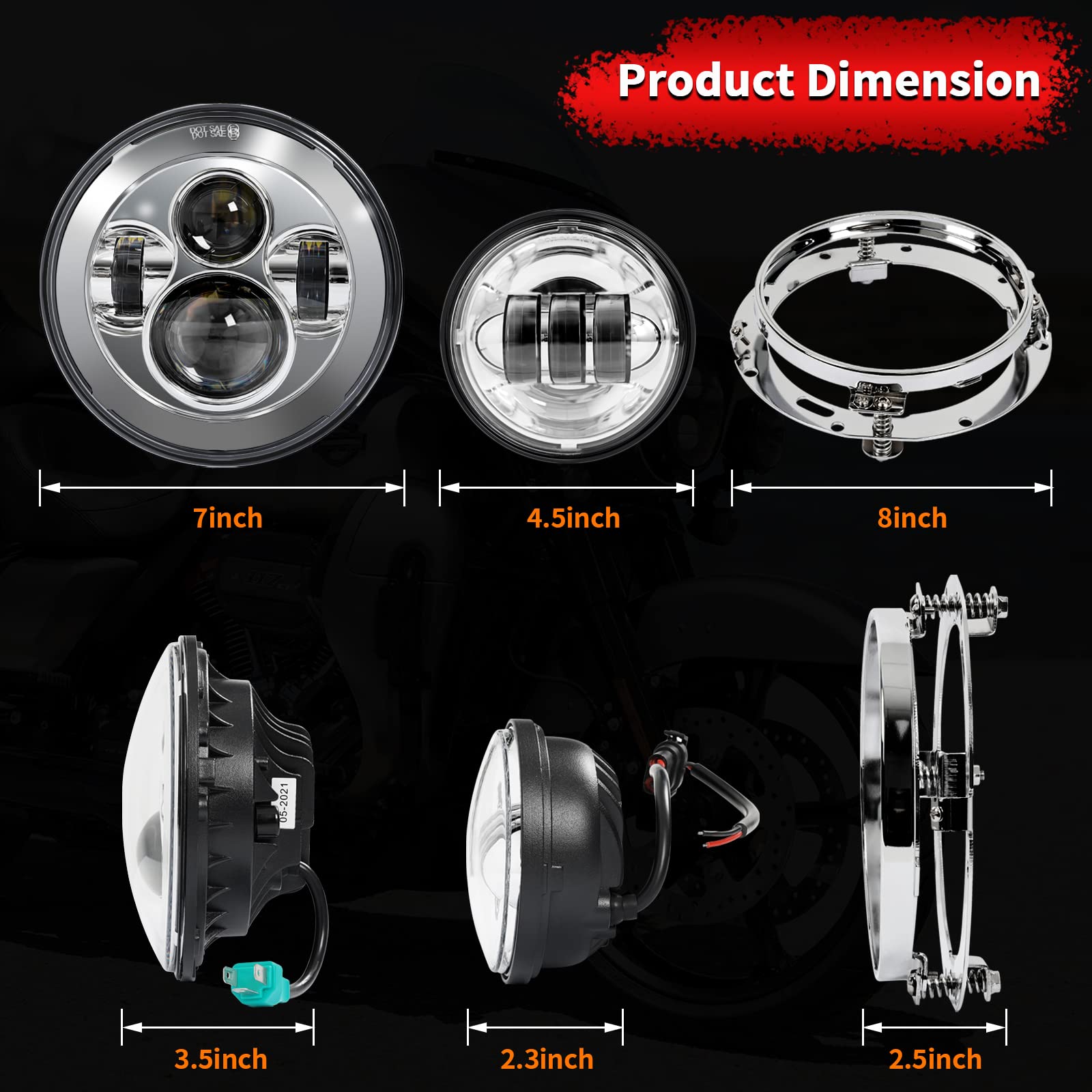 Wisamic 7inch LED Motorcycle Headlight & 4.5inch Fog Lights with Mounting Ring - Compatible with Harley Davidson Road King, Ultra Classic, Electra Glide, Street Glide, Softail Deluxe, Fatboy (Black) - High Visibility for Night Riding & Bad Weather Conditions
