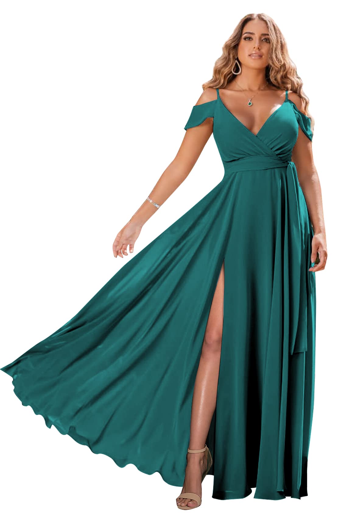 Zoghoo Plus Size Chiffon Long Teal Bridesmaid Dress for Women - Cold Shoulder V Neck Formal Prom Gown with High Slit (Size 26) | Perfect for Weddings, Parties & Special Occasions