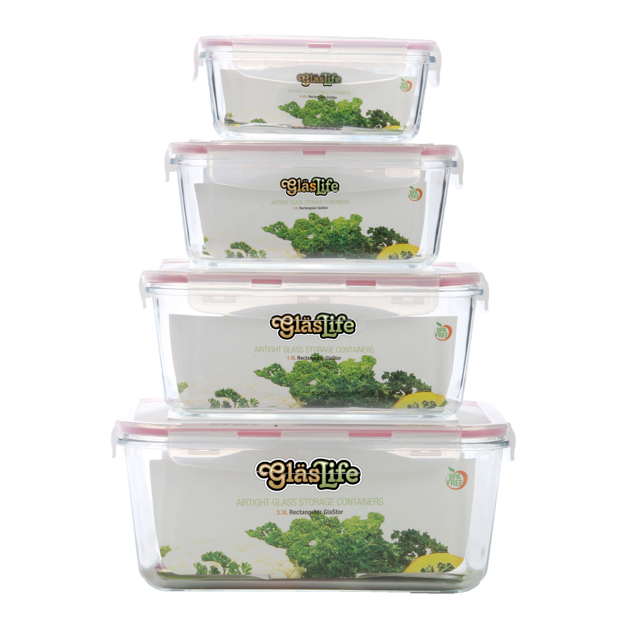 GlasLife® 4-Piece Airtight Rectangular Glass Food Storage Containers with Lids - BPA-Free, Leakproof Kitchen Containers for Meal Prep, Leftovers, Pantry Organization & Office Lunch Storage
