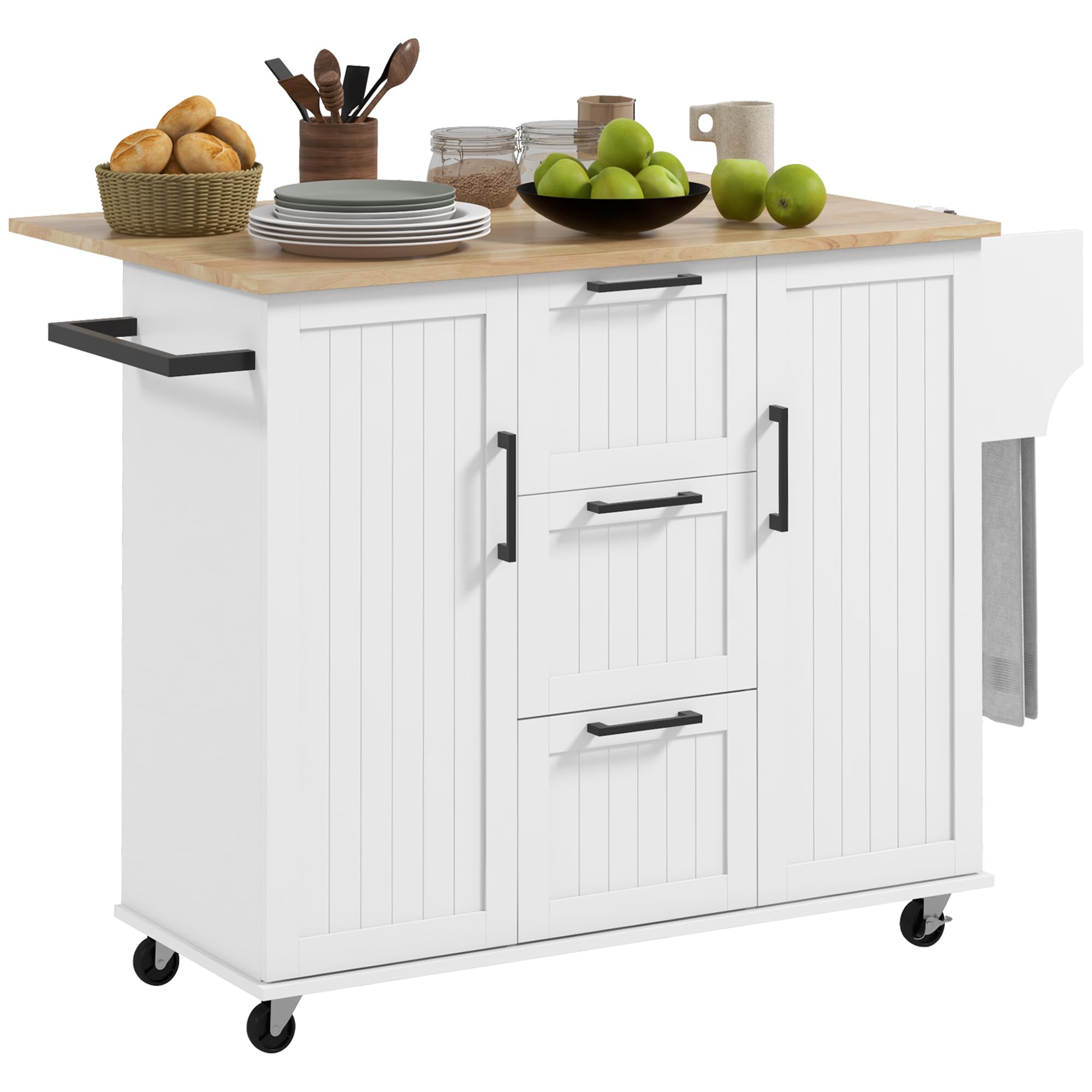HOMCOM White Kitchen Island with Drop Leaf - Rolling Kitchen Cart on Wheels with 3 Drawers, 2 Cabinets & Natural Wood Top - Includes Spice Rack & Towel Rack - Perfect for Small Kitchens, Dining Areas & Food Prep Stations
