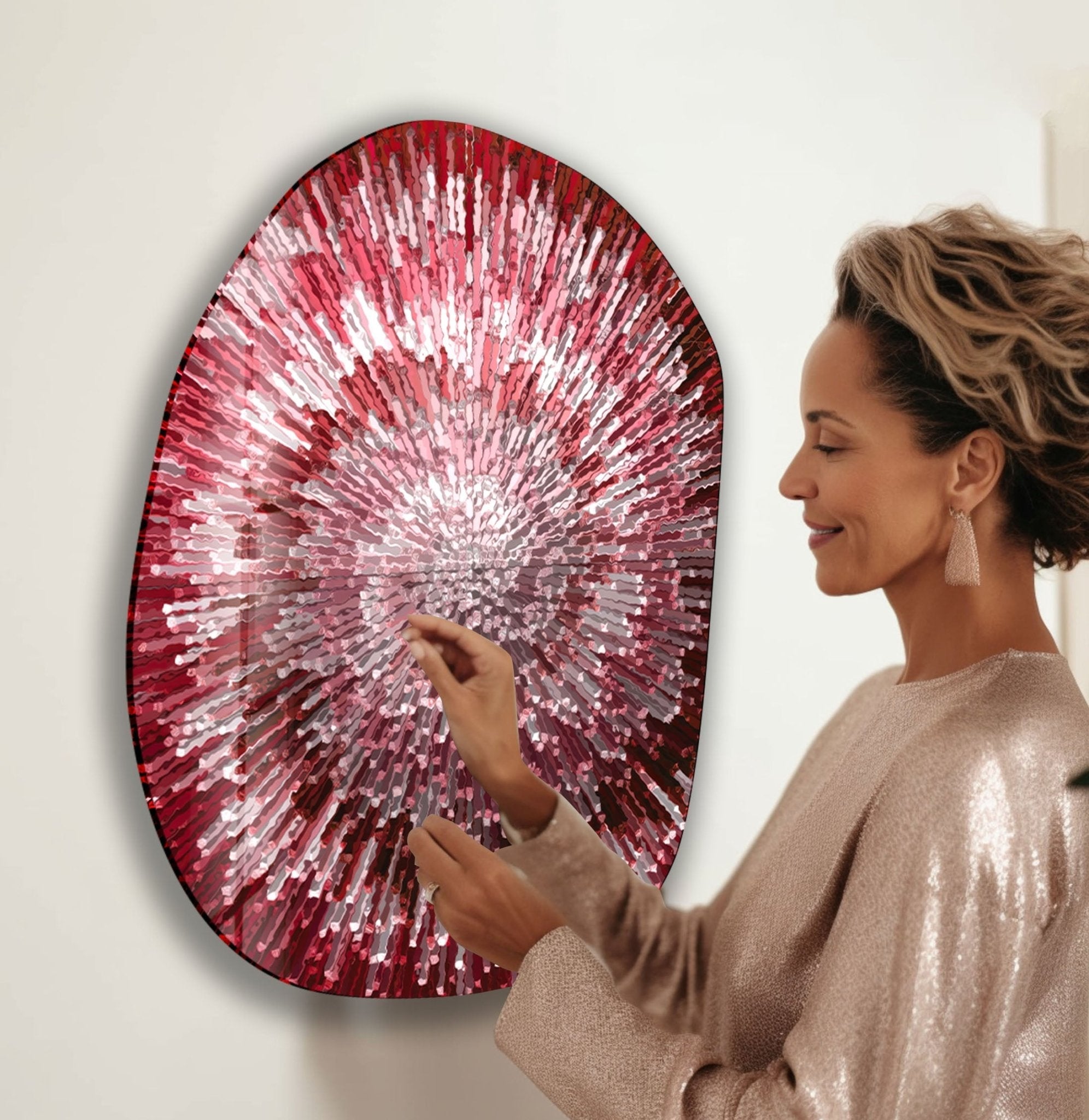 Abstract Red Lines Oval Glass Wall Art - Modern Home Decor for Living Room, Bedroom & Office - Elegant Handmade Glass Artwork