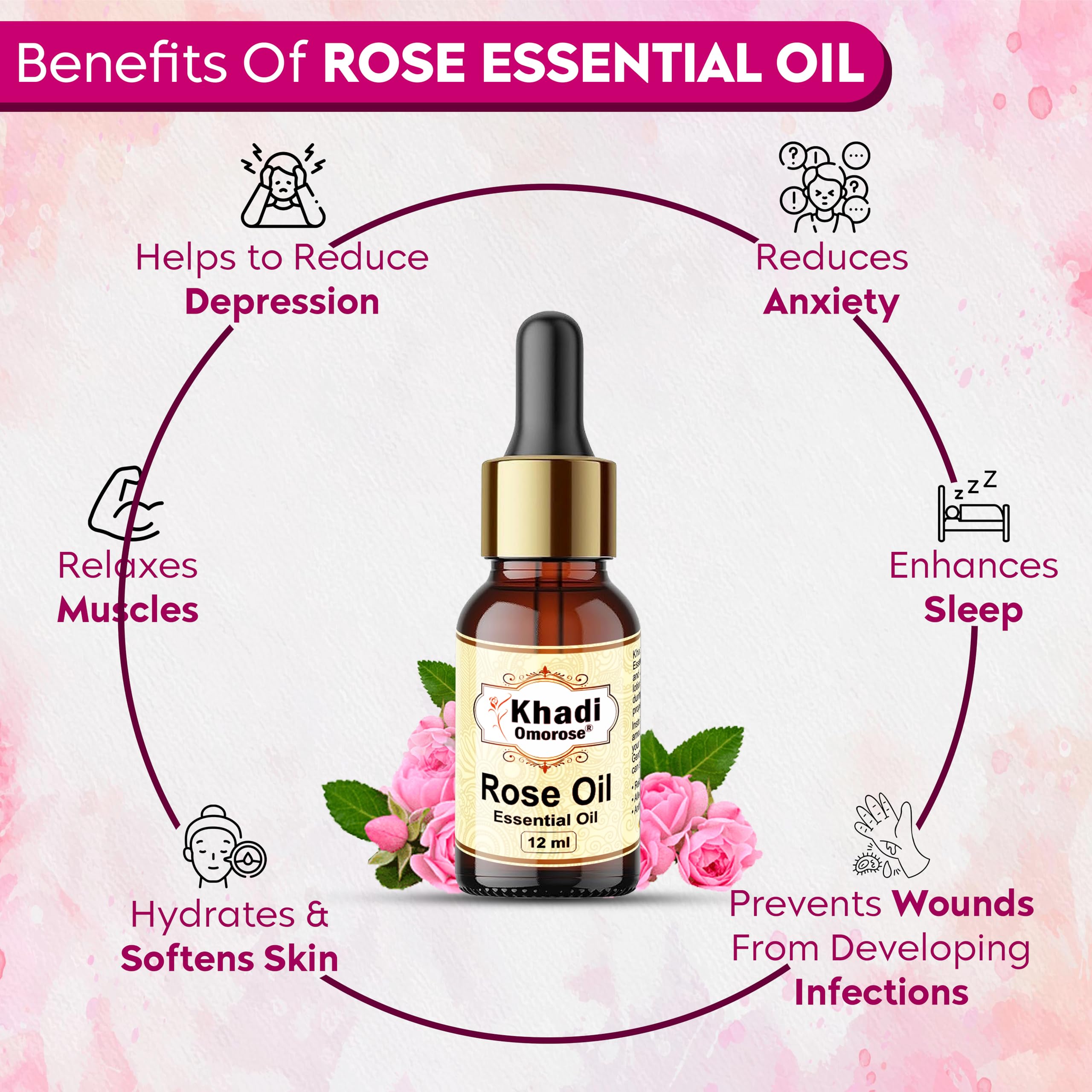 Khadi Omorose Pure Rose Essential Oil for Skin Care & Aromatherapy - 12ml with Self-Dispensing Dropper - Perfect for Massage, Diffusers & DIY Beauty Recipes