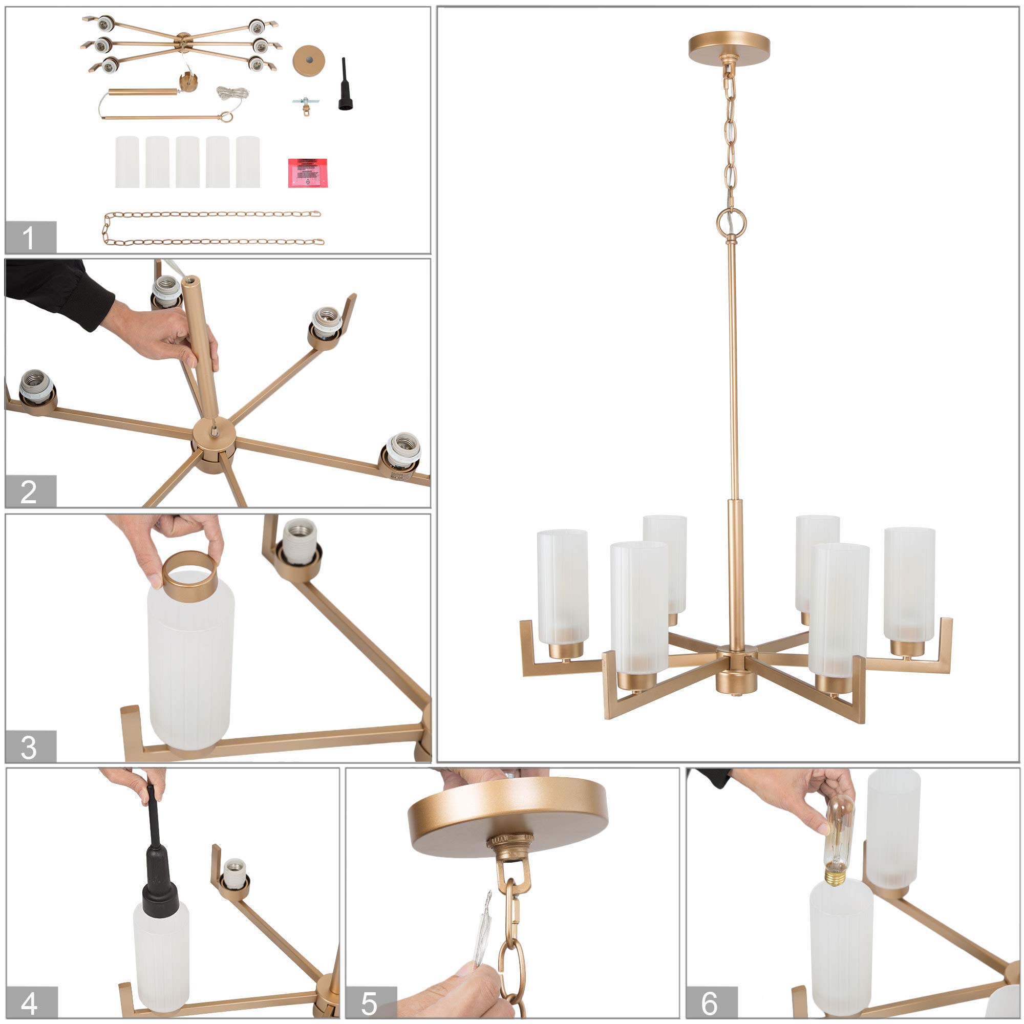6-Light Gold Chandelier with White Frosted Glass Shades - Modern Crystal Ceiling Light Fixture for Dining Room, Living Room, Kitchen & Bedroom - Perfect for Home Decor, Wedding & Restaurant Lighting