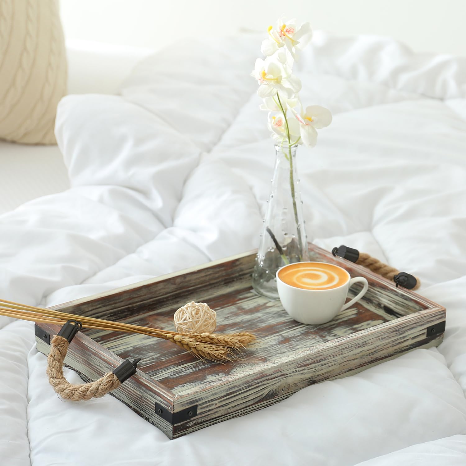 MyGift 2-Piece Rustic Wood & Black Metal Nesting Serving Trays with Rope Handles - Decorative Wooden Tray Set for Breakfast in Bed, Coffee Table, Ottoman Decor - Perfect for Home, Kitchen, and Party Serving