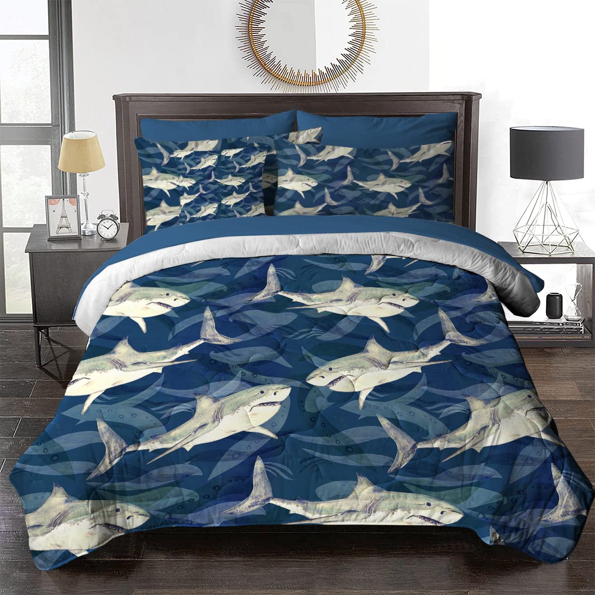 BlessLiving 8-Piece Shark Themed Comforter Set - Queen Size Dark Blue Ocean Fish Wave Bedding for Kids & Boys - Includes 1 Comforter, 2 Pillow Shams, 1 Flat Sheet, 1 Fitted Sheet, 1 Cushion Cover, 2 Pillowcases - Perfect for Kids' Bedrooms, Themed Sleepovers & Marine Decor