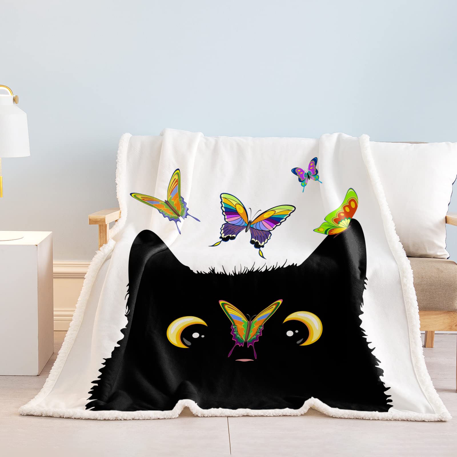 SOULZZZ Cozy Sherpa Cat Blanket for Women - Soft Plush Kawaii Kitten Throw Blanket 80x60 Inches - Perfect Valentine's Day Gift for Cat Lovers (Black) | Great for Cuddling, Bedroom Decor & Gift Giving