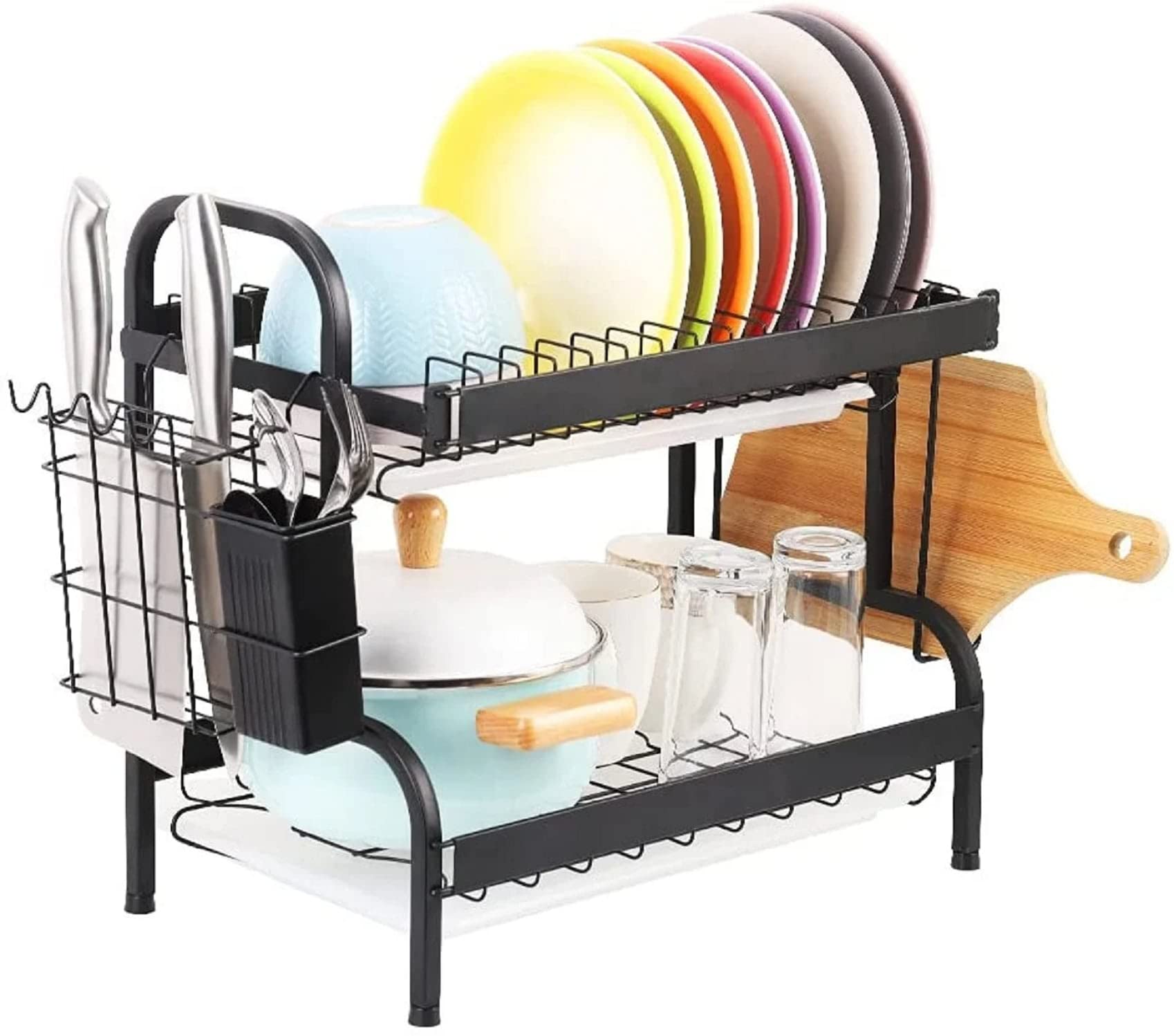 Dish Drying Rack with Drainboard - 2 Tier Compact Kitchen Dish Rack, Utensil Holder, Cutting Board Holder & Dish Drainer for Countertop, Black - Perfect for Small Kitchens & Efficient Dishwashing