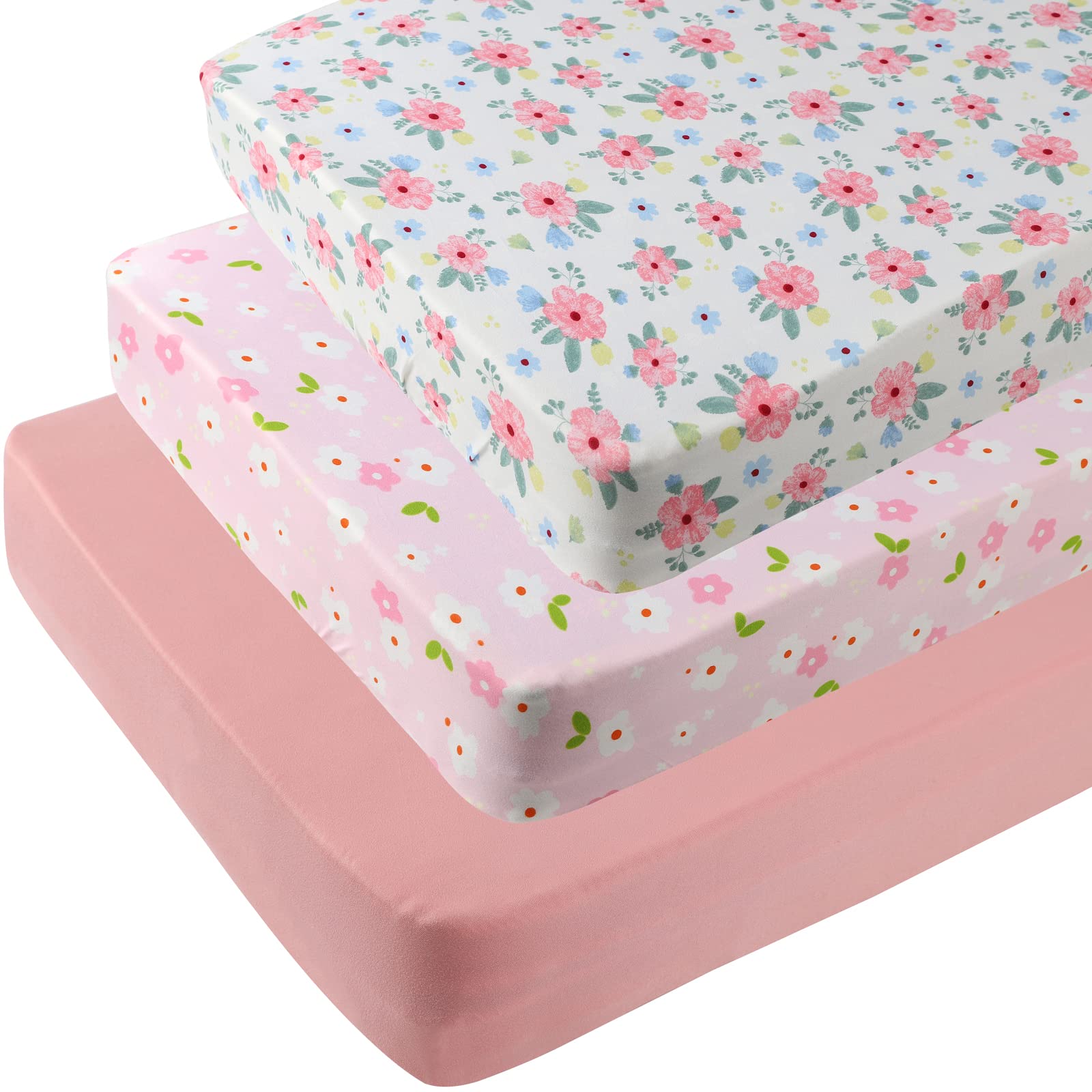 3 Pack Stretchy Jersey Knitted Fitted Pack n Play Sheets for Baby Girls - Soft Portable Mini Crib & Playard Mattress Cover, Pink Floral - Perfect for Nursery, Travel & Daycare Use