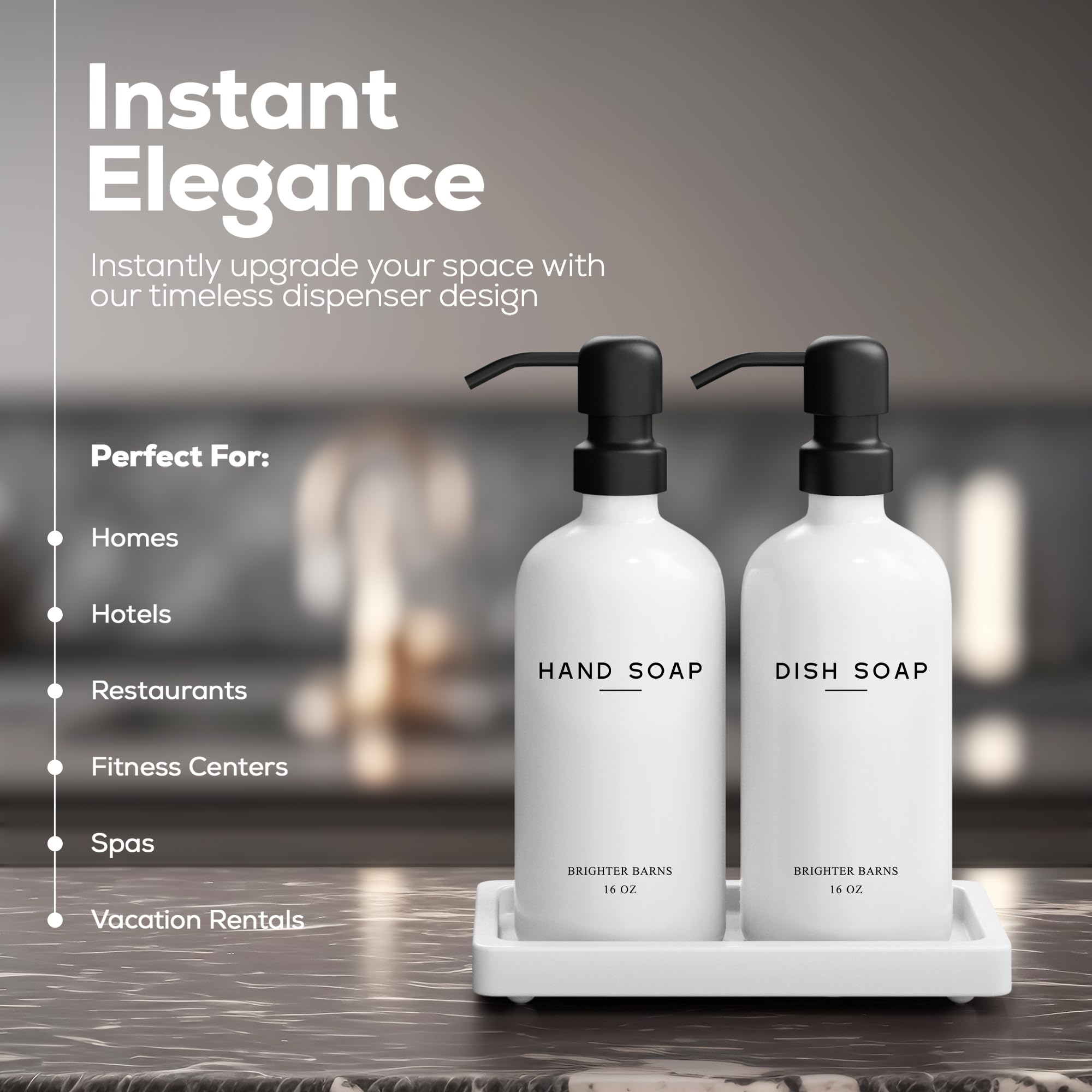 Brighter Barns White Glass Hand & Dish Soap Dispenser Set with Tray - Modern Kitchen Decor for Home, Vacation Rental & Restaurant Use - Elegant Soap Dispenser for Countertop Organization & Stylish Kitchen Accessories