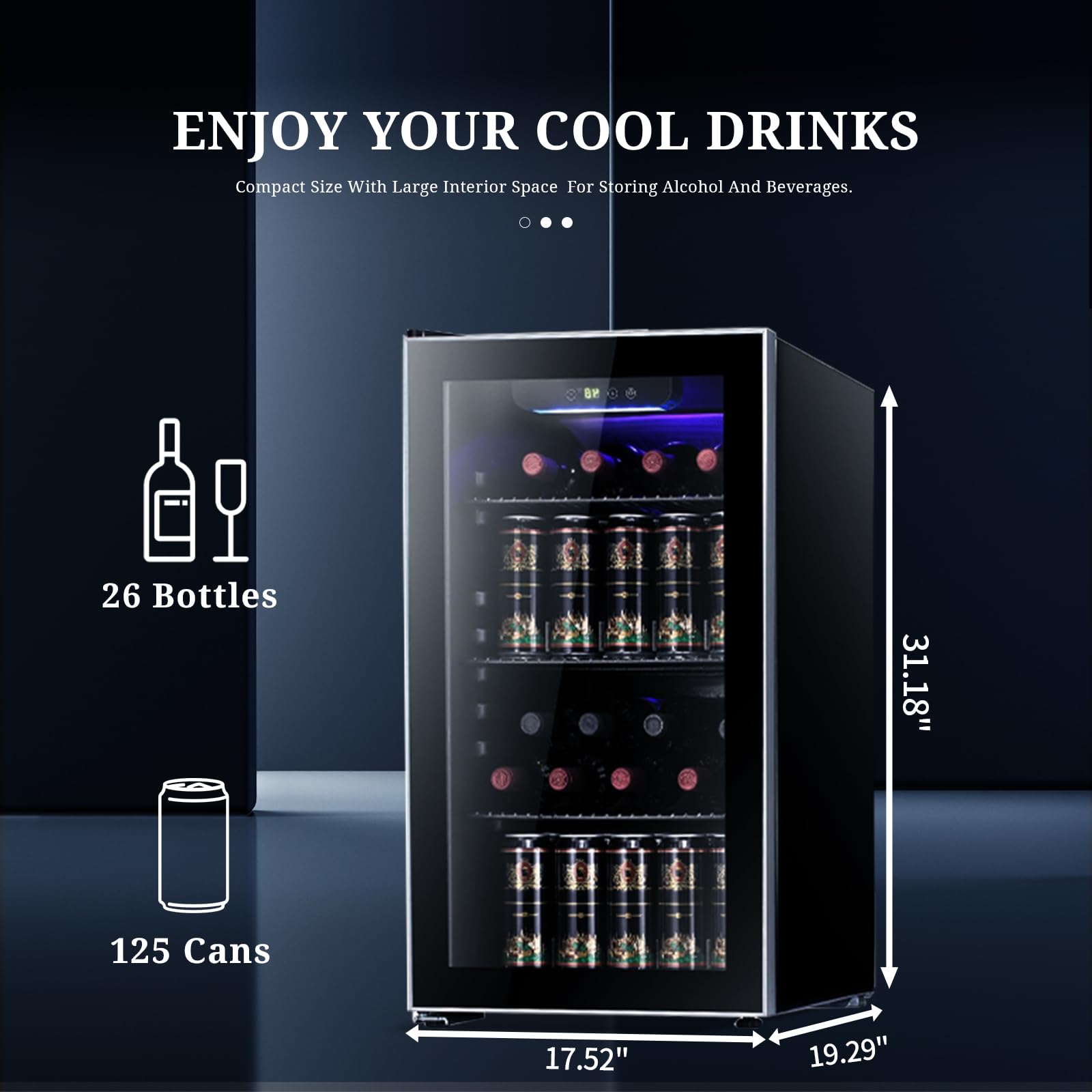 Antarctic Star 3.2 Cu.Ft Wine Cooler & Beverage Refrigerator - 26 Bottle & 125 Can Capacity, Quiet Compressor, Glass Door Mini Fridge for Beer, Soda & Drinks - Perfect for Kitchen, Bar, Office & Home Entertainment Spaces