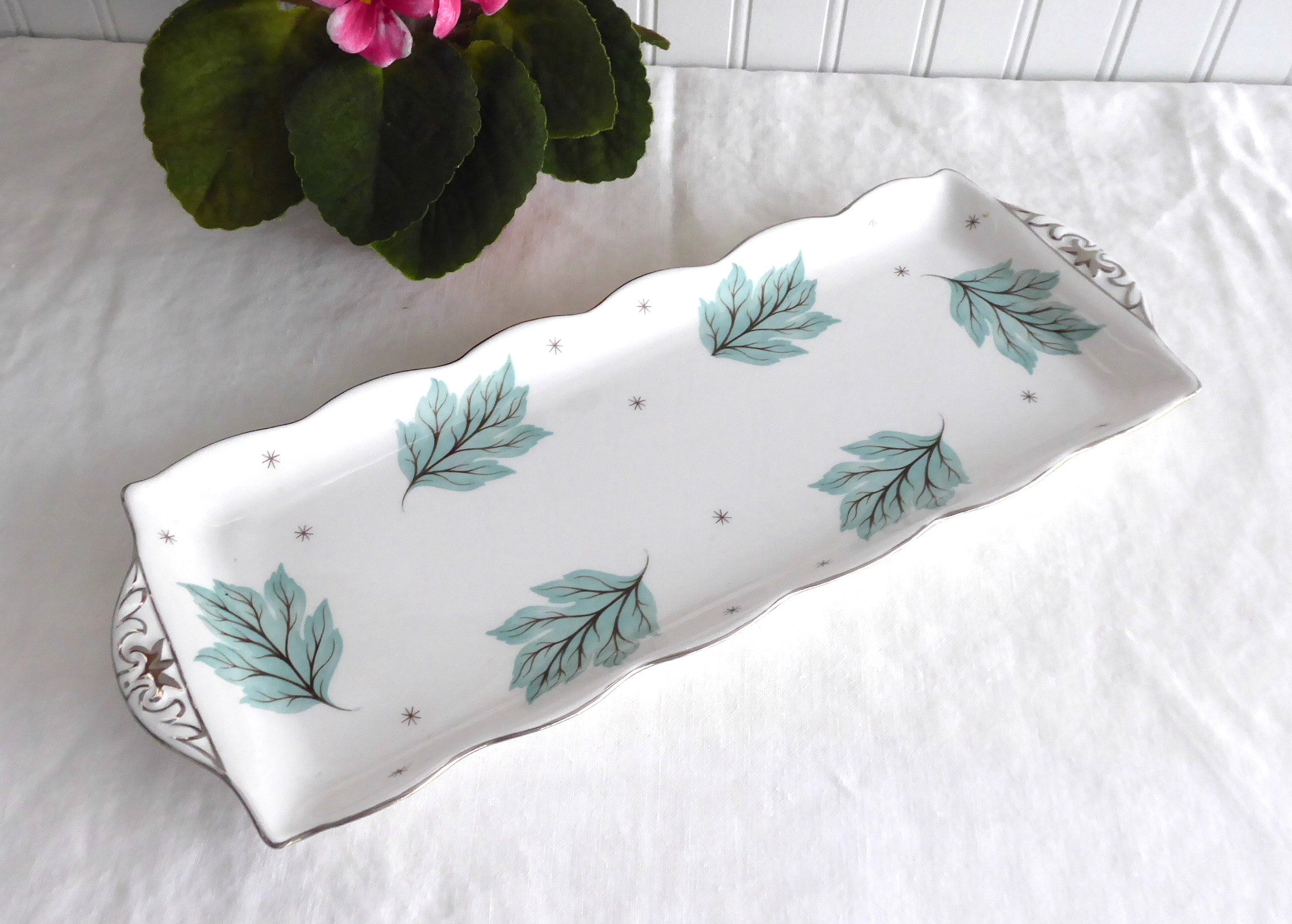 Vintage 1950s Aqua Leaves Sandwich Tray - Large Rectangular Serving Plate with Shelley Drifting Leaves Design for Tea Parties, Picnics & Retro Dining Decor