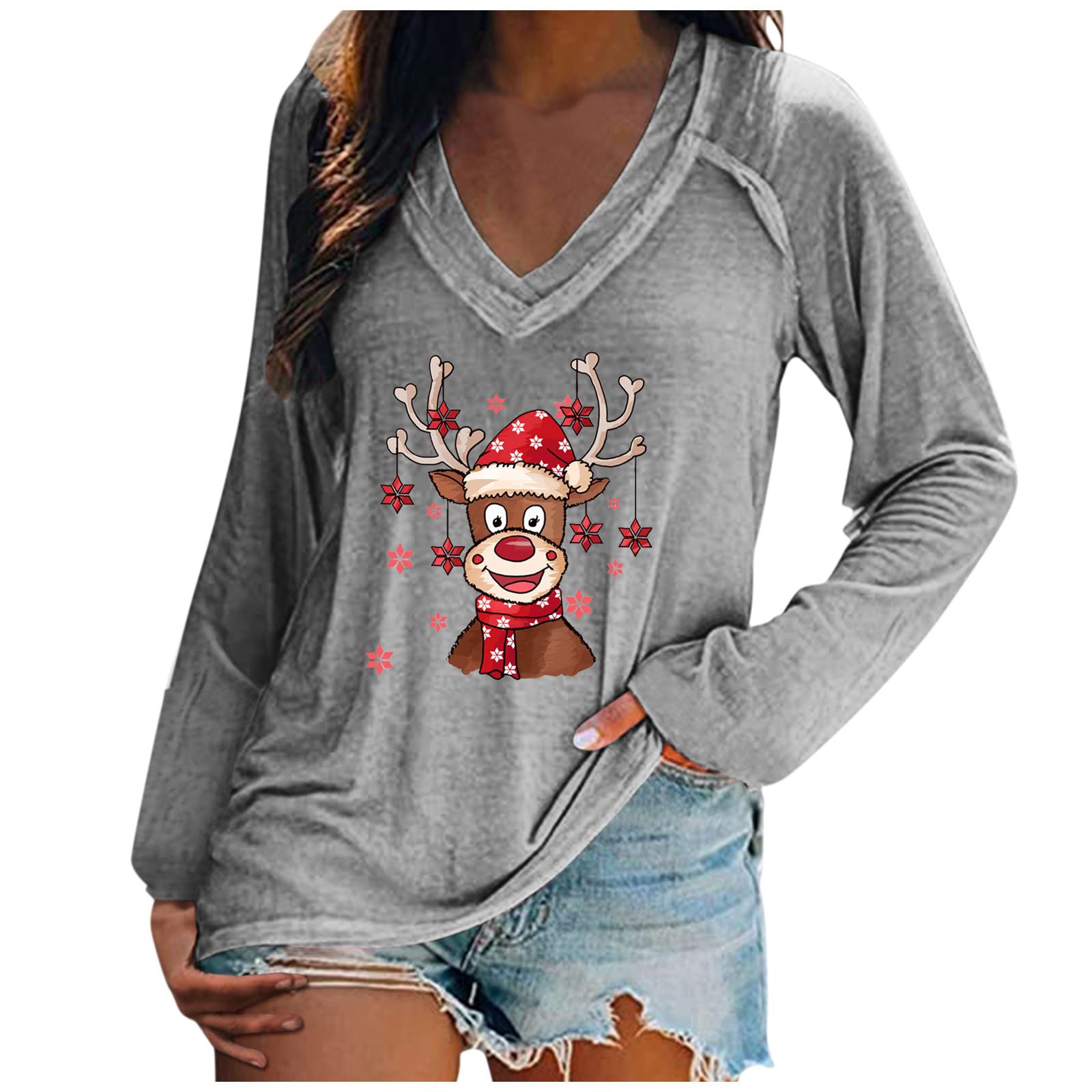 Women's Long Sleeve Christmas Printed Graphic V-Neck Sweatshirt - Loose Fit Comfy Tunic Top for Fall & Winter | Casual Holiday Outfit, Gift Idea, Cozy Seasonal Wear