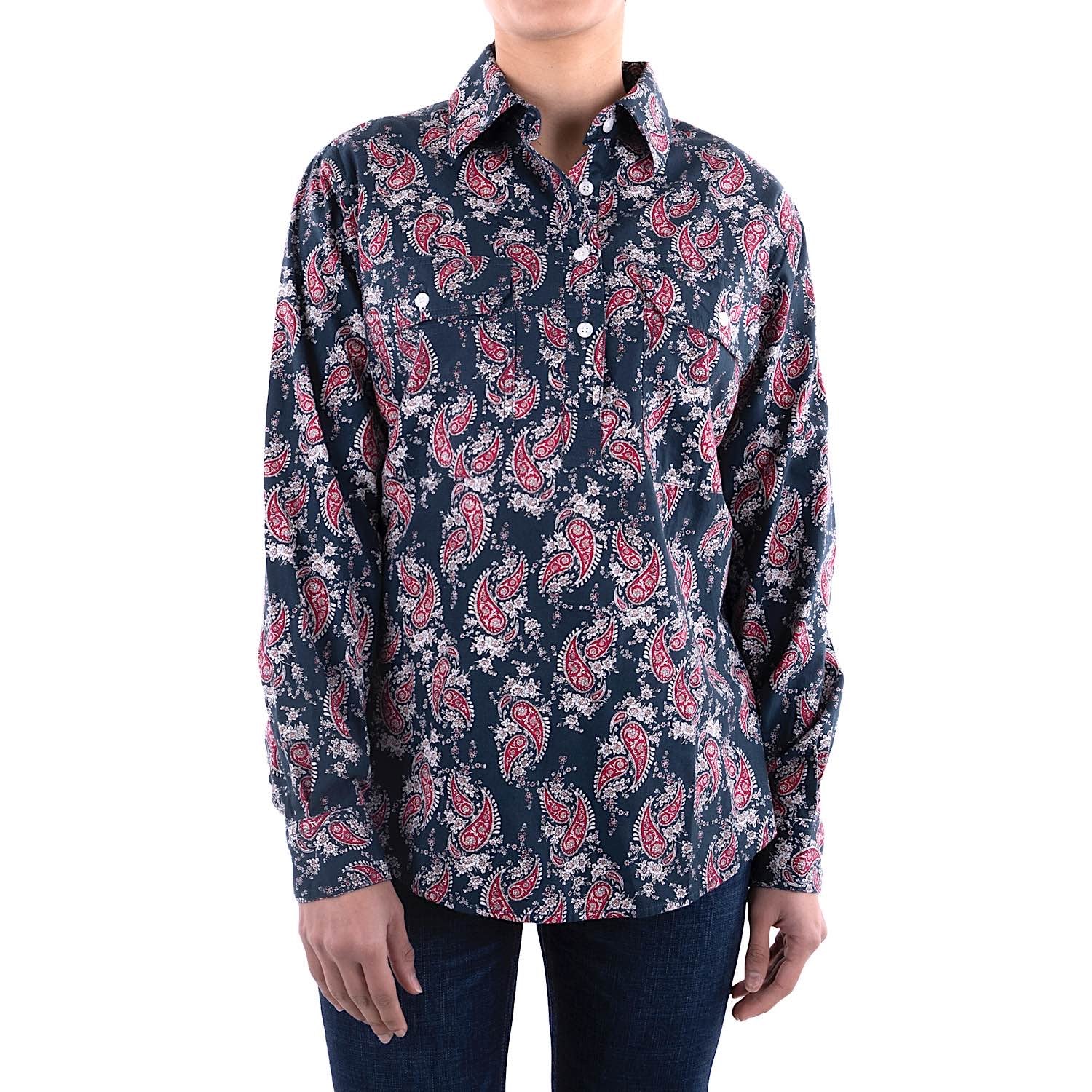 Hard Slog Women's Hayden Long Sleeve Half Placket Shirt in Navy - Perfect for Office Wear, Casual Outfits & Layering