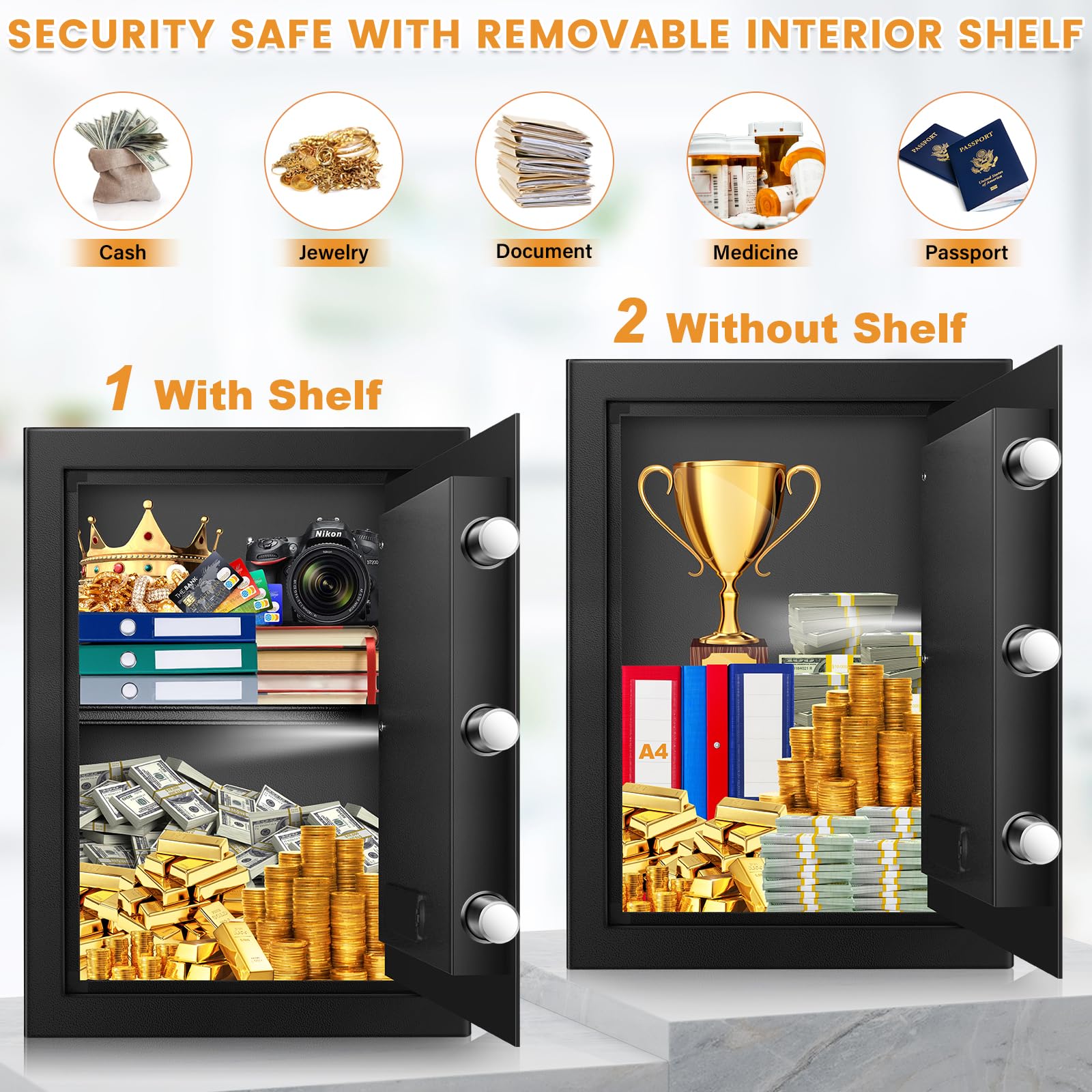 3.4 Cuft Fireproof and Waterproof Digital Safe Box for Home - Anti-Theft Security Safe with Electronic Keypad, Mute Mode & Alarm System - Ideal for Storing Jewelry, Cash, Documents, and Medicine (Home/Office/Bank Use)