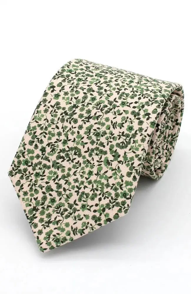 L A Smith Sage On Ecru Miniature Floral Tie and Hank Set - Vintage Style Accessories for Weddings, Parties & Special Occasions
