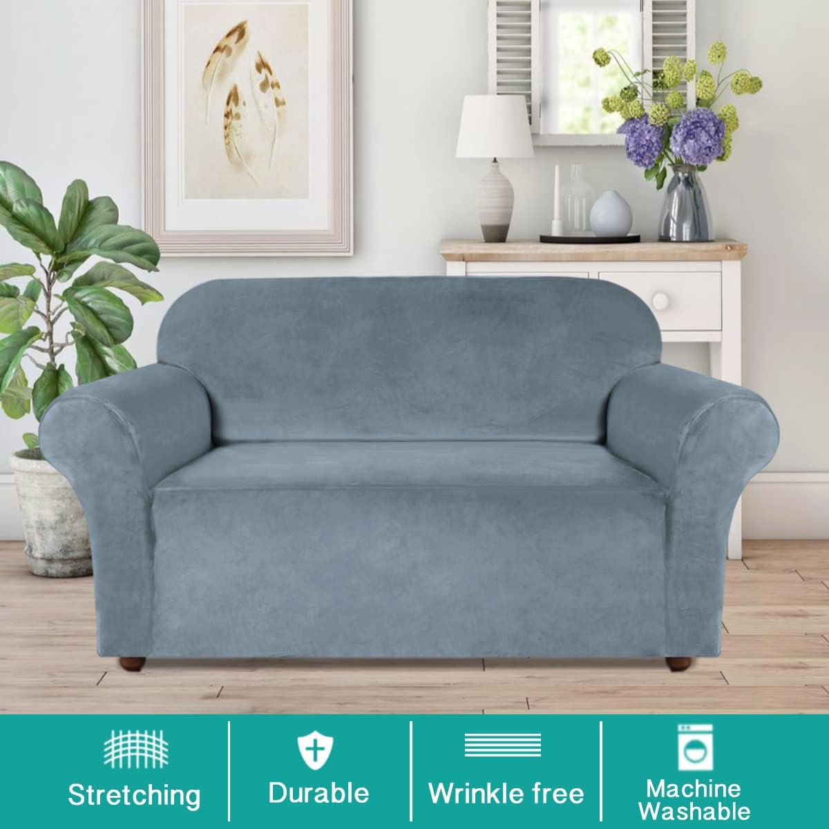 Turquoise Velvet Loveseat Cover - Stretch Sofa Slipcover for 2-Cushion Couches with Non-Slip Elastic Bottom | Soft Fabric Furniture Protector | Perfect for Living Room, Apartment & Home Decor (Loveseat, Stone Blue)