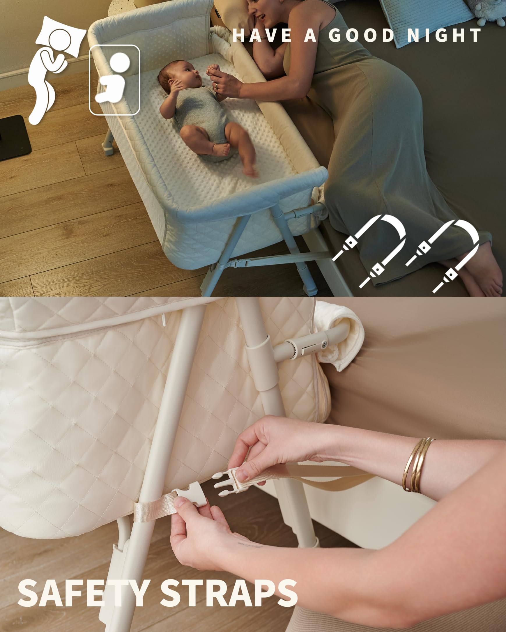 Portable Baby Bassinet Bedside Sleeper with Adjustable Height & Breathable Mesh - Safe Newborn Crib with Auto-Lock Wheels & Mattress - Perfect for Nursery, Bedroom Co-Sleeping & Overnight Care