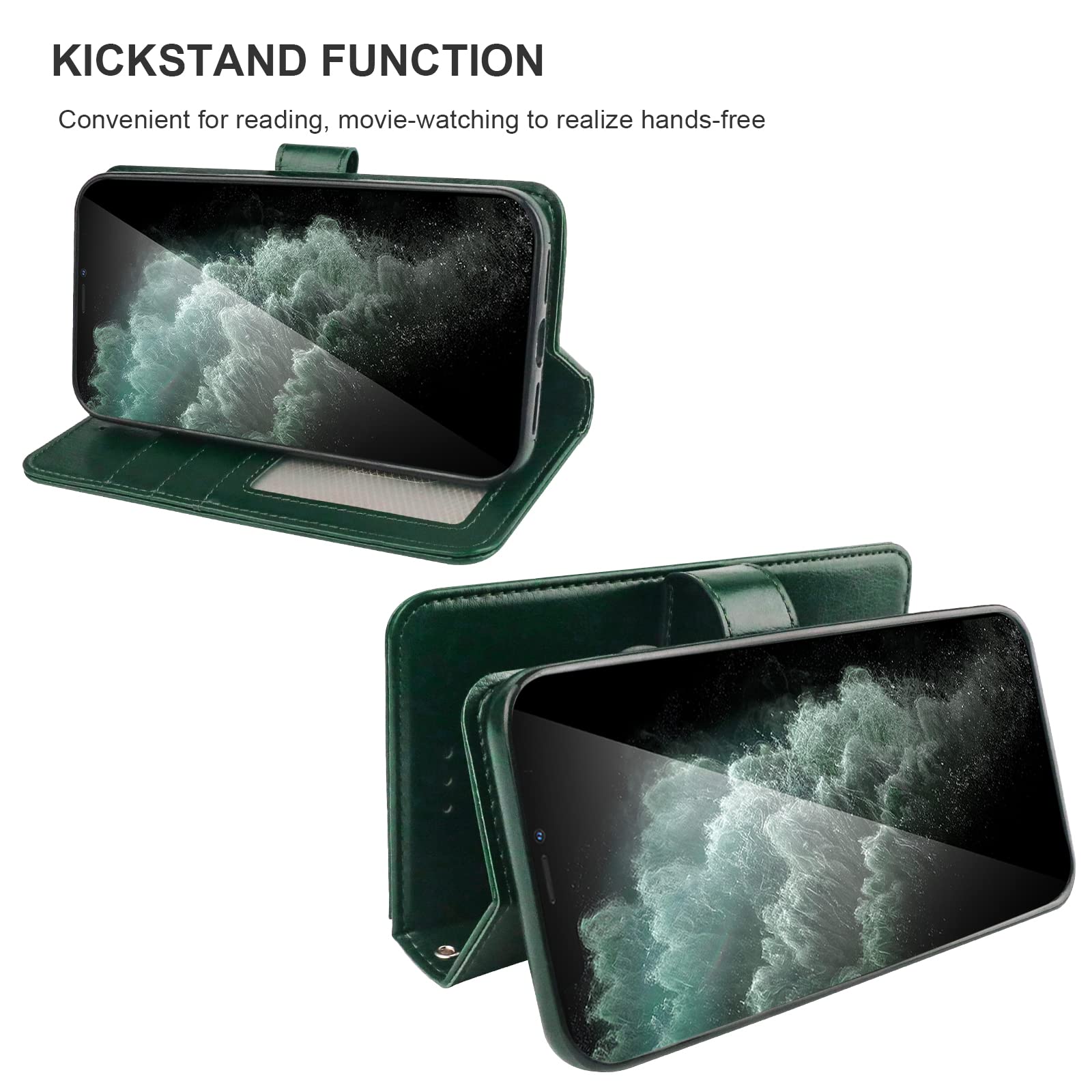 Premium PU Leather Magnetic Detachable Wallet Case for iPhone 11 Pro Max - Card Holder, Kickstand & Shockproof Protection with Wrist Strap (6.5 Inch, Green) | Perfect for Daily Commute, Travel & Hands-Free Convenience