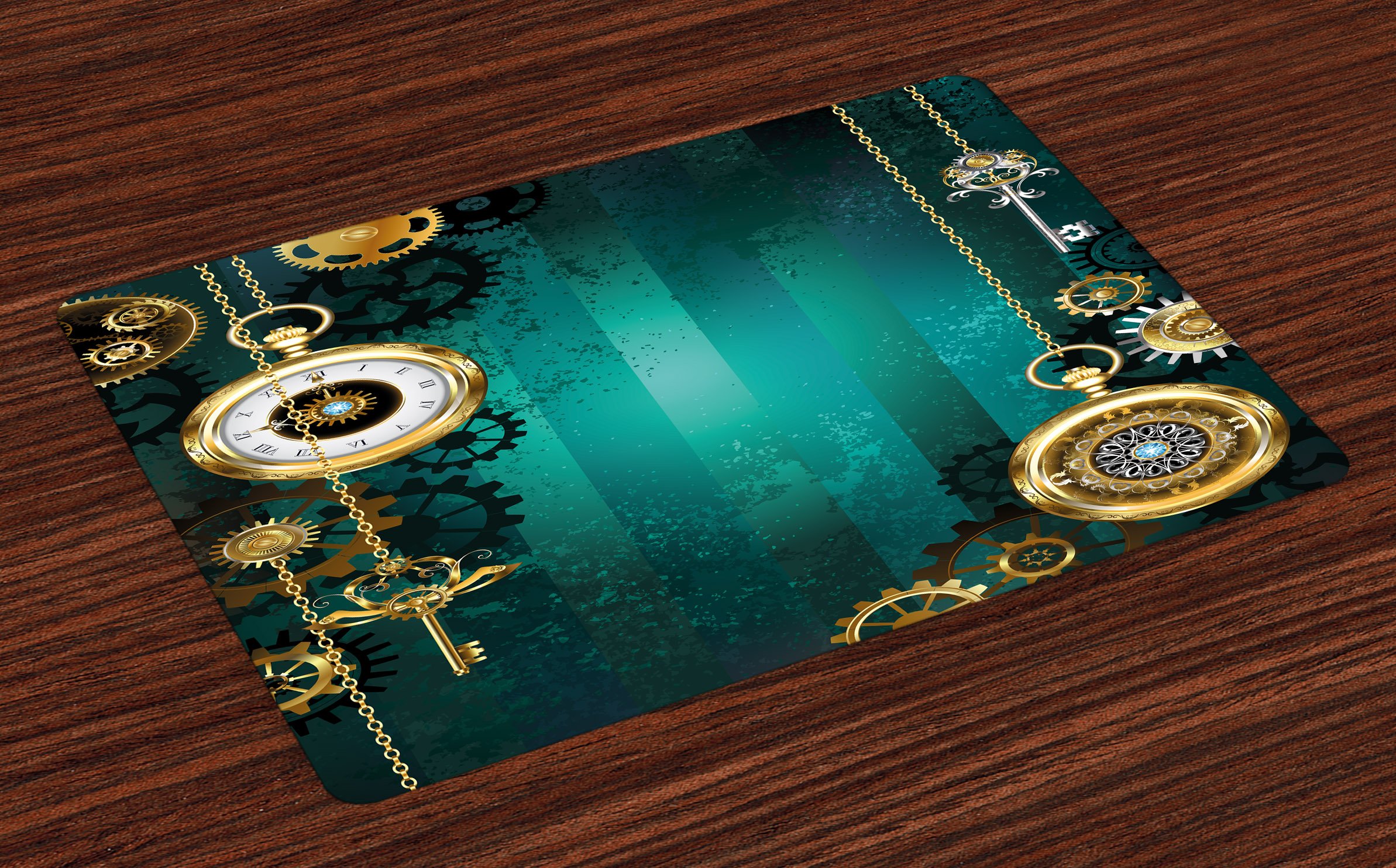 Ambesonne Steampunk Placemats Set of 4 - Vintage Watch & Key Design, Washable Fabric Dining Table Mats, Standard Size (Green/Gold) | Perfect for Industrial Decor, Themed Parties & Unique Home Dining