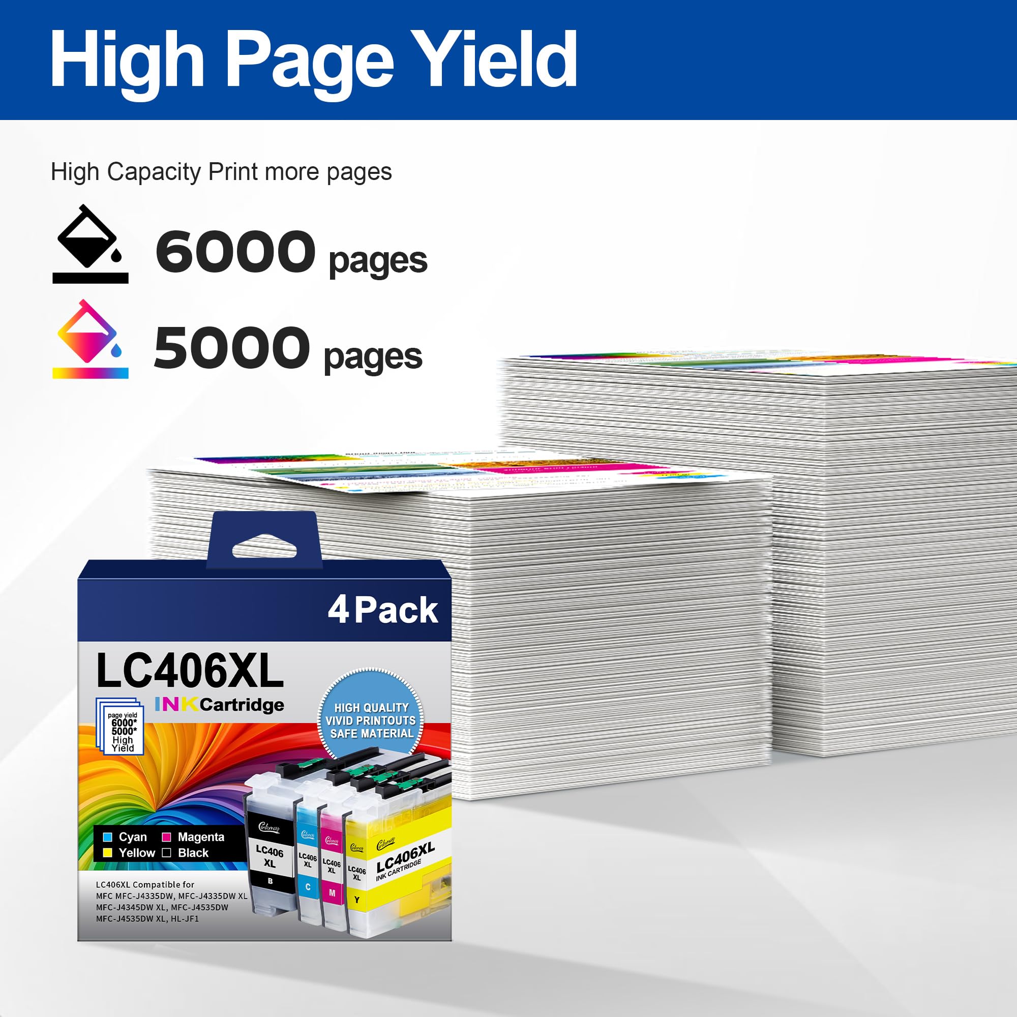High Yield LC406XL Ink Cartridge 4-Pack - Compatible with Brother Printers MFC-J4535DW/J4335DW/J5855DW/J6555DW - Replacement for LC406/LC406XL - Perfect for Home Office Printing & Small Business Documents