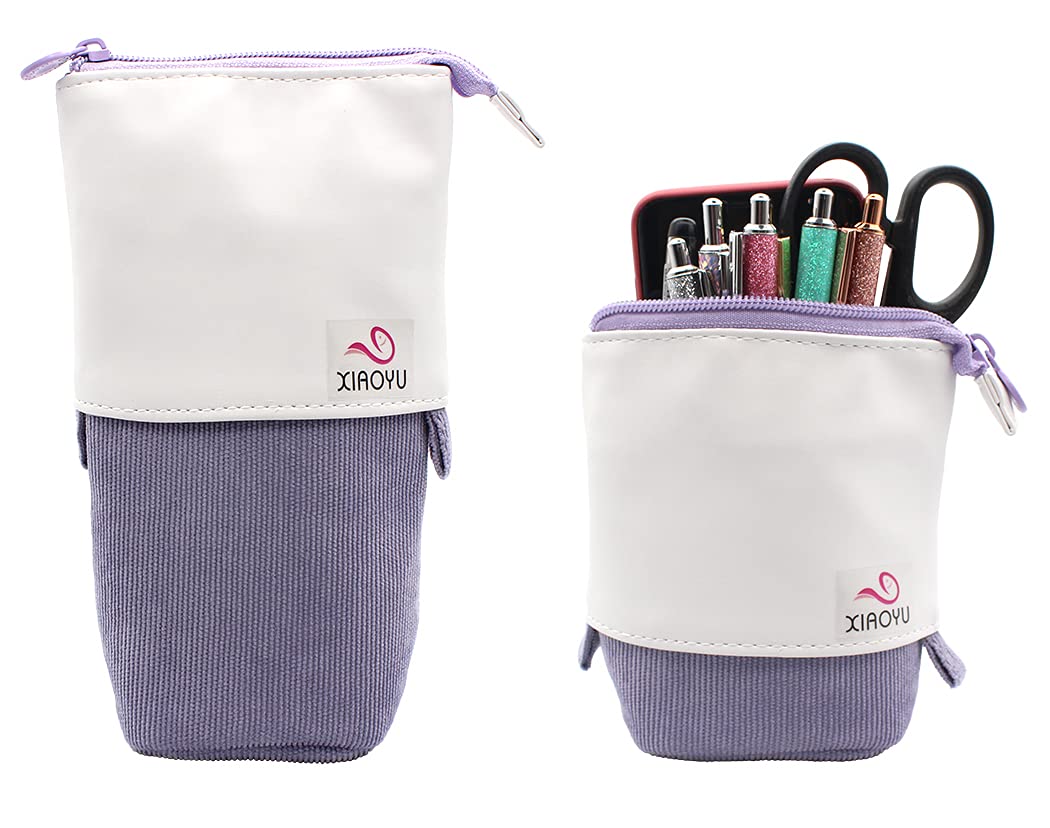 XIAOYU Expandable Pencil Case - Multifunctional Corduroy PU Stationery Organizer for School, Office & Travel - Perfect for Pens, Makeup & Small Accessories (Purple)