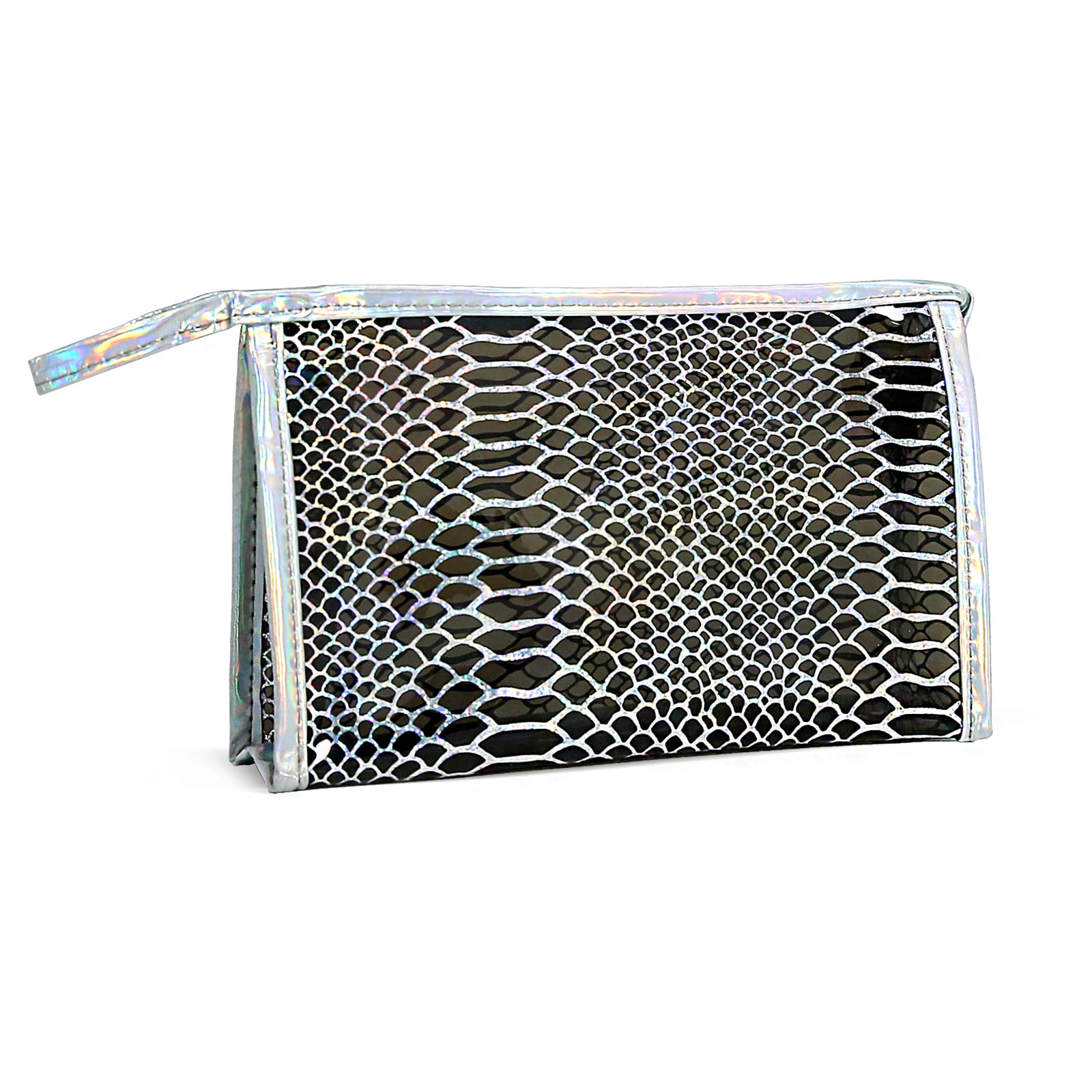 Luxury Snakeskin Holographic PVC Waterproof Makeup Bag - Small Black Travel Cosmetic Pouch for Purse, Cool Personalized Goth Glitter Makeup Case | Perfect for Travel, Gym, Daily Use & Gift Giving
