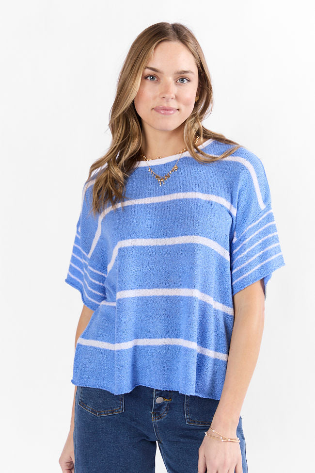 Blue and Ivory Striped Sweater T-Shirt for Women - Soft Cotton Casual Wear | Perfect for Layering, Office Outfits & Weekend Brunch