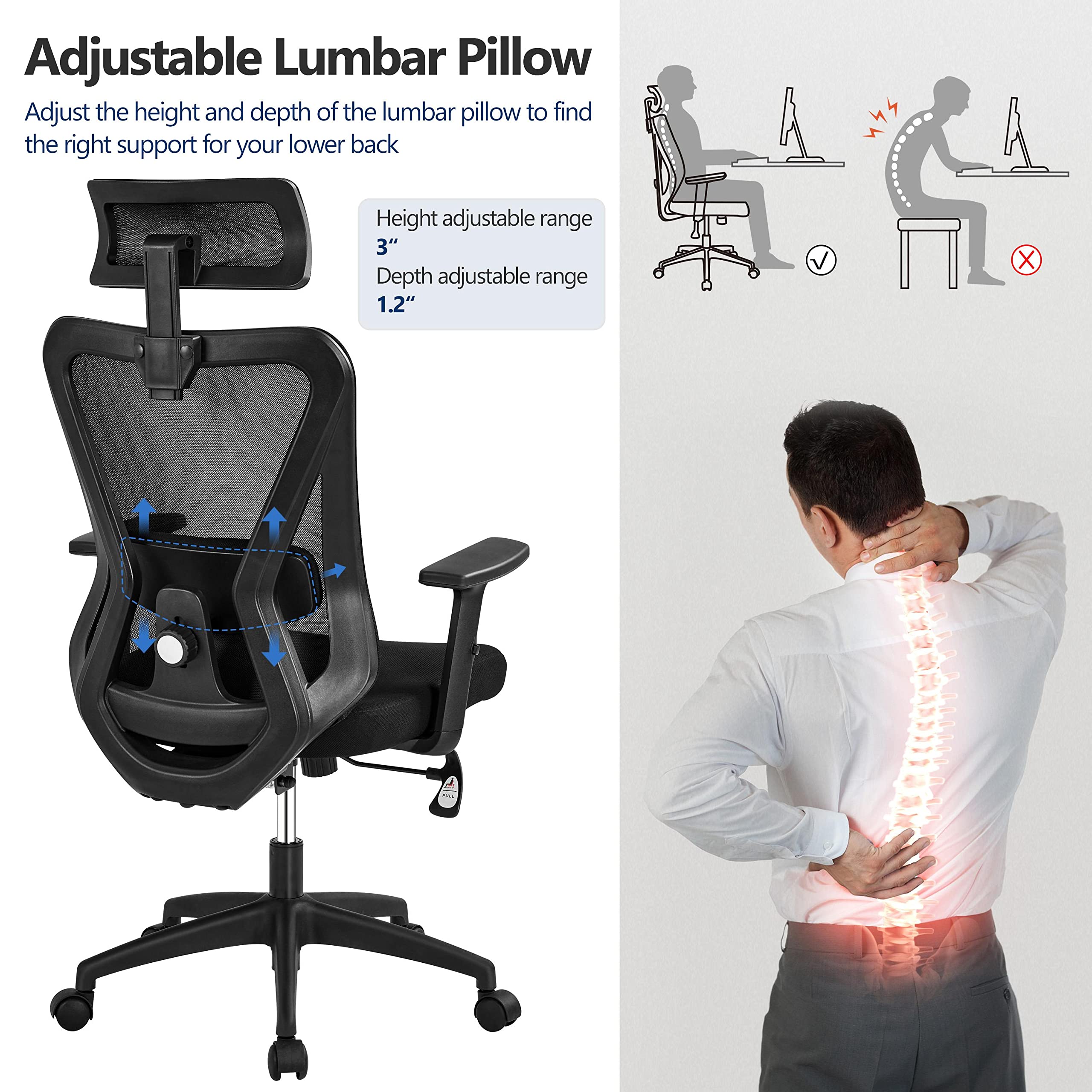 Yaheetech Ergonomic Office Chair - High Back Mesh Computer Chair with Adjustable Lumbar Support, Armrests & Headrest - Black - Perfect for Home Office, Gaming & Study Workspaces