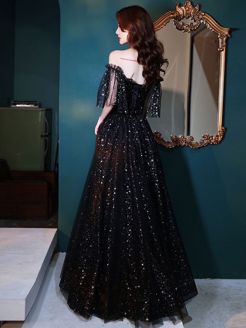 Elegant Black Tulle Off-Shoulder Long Prom Dress for Evening Gala & Formal Events - Perfect for Homecoming, Wedding Guest, and Special Occasions