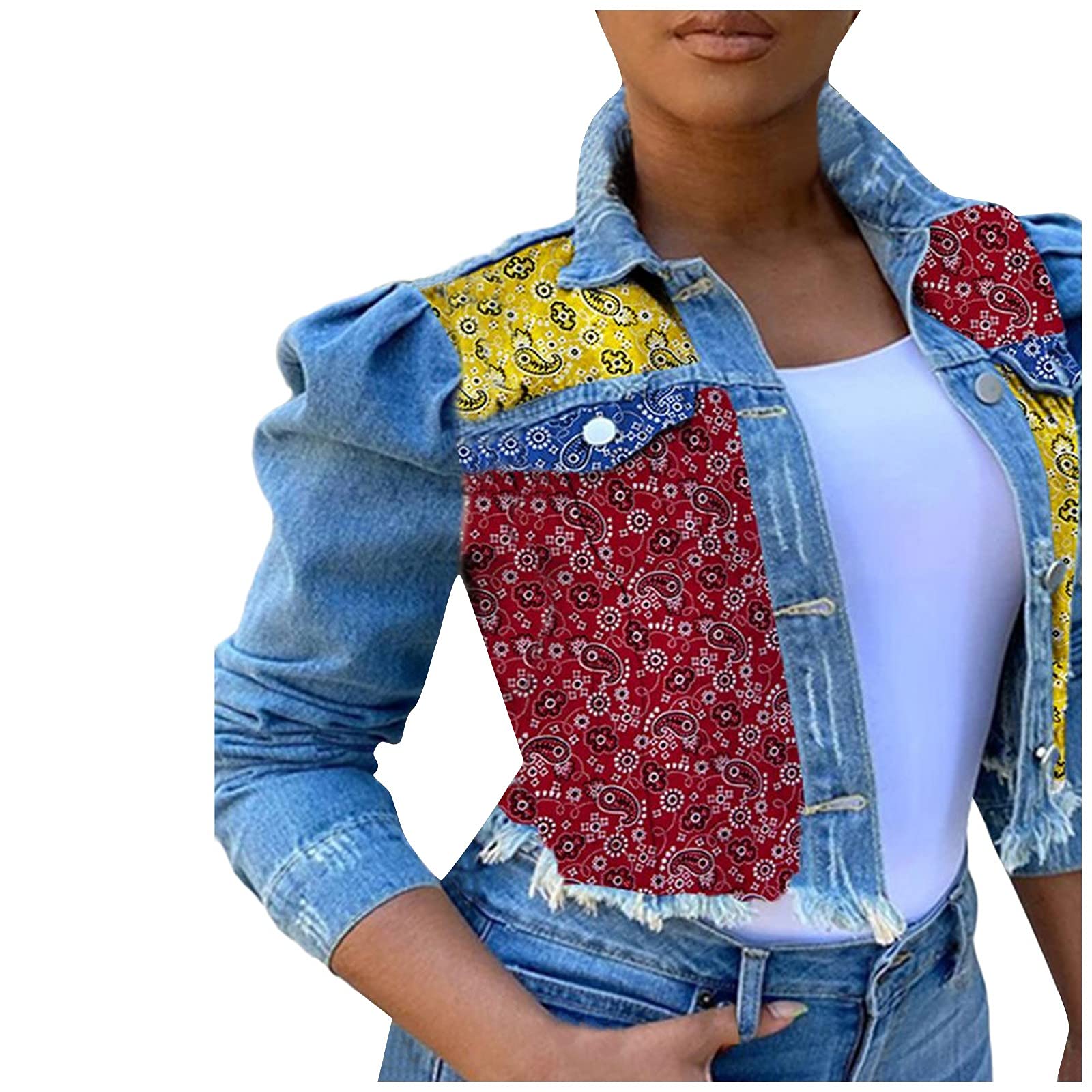 SERYU Women's Ripped Denim Jacket with Puff Sleeves & Frayed Hem - Slim Fit Cropped Jean Jacket for Casual Outfits, Street Style & Spring Layering