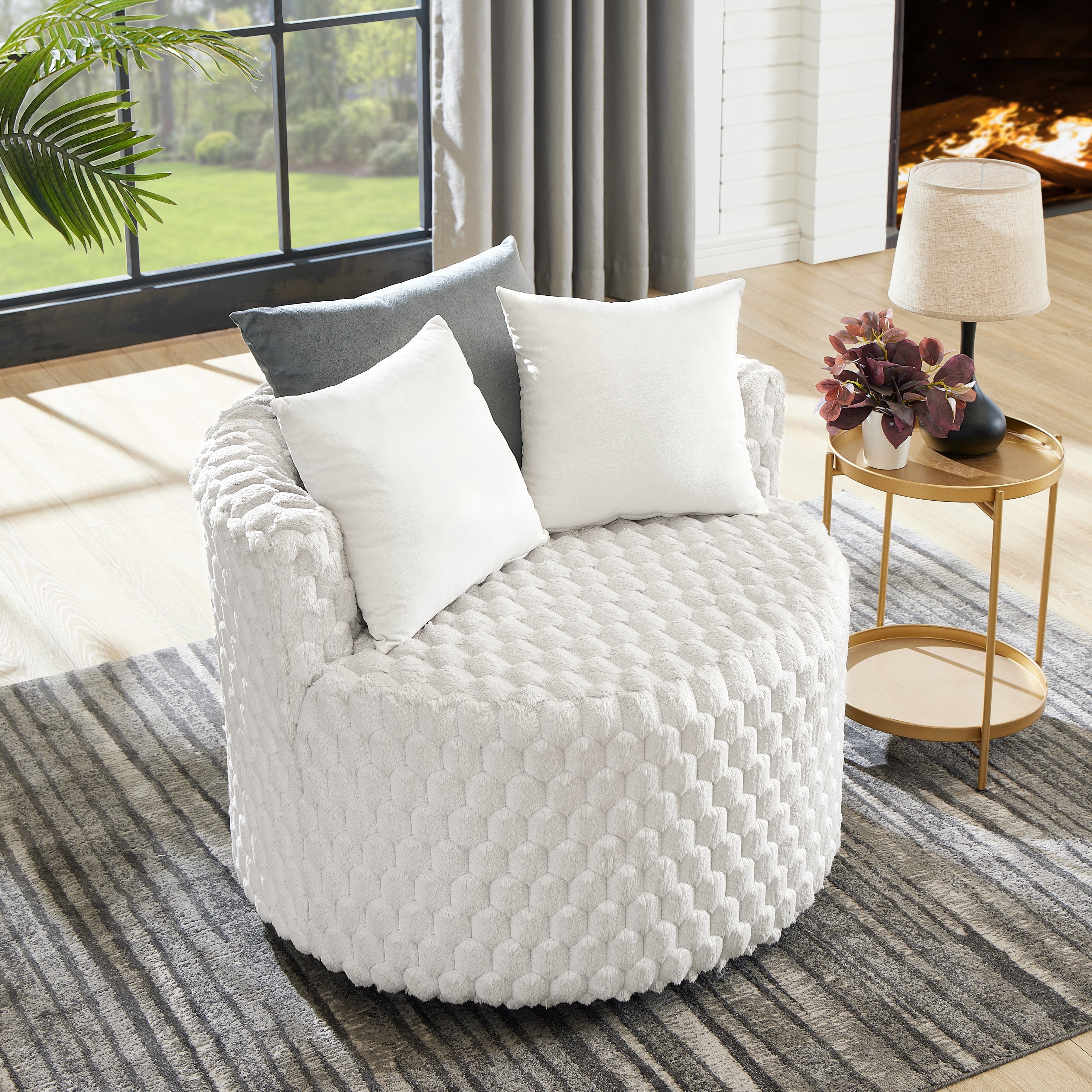 Roundhill Furniture Malna Plush 3D Upholstered Barrel Accent Chair with Wheels in Off White - Modern Rolling Lounge Chair for Living Room, Bedroom or Office