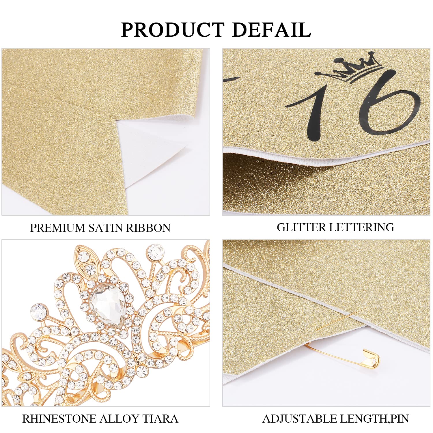 Gold Sweet 16 Birthday Tiara & Sash Set - Elegant 16th Birthday Crown for Women & Girls - Perfect Sweet 16 Party Decorations & Gifts - Great for Birthday Celebrations, Quinceañeras, and Special Milestone Events